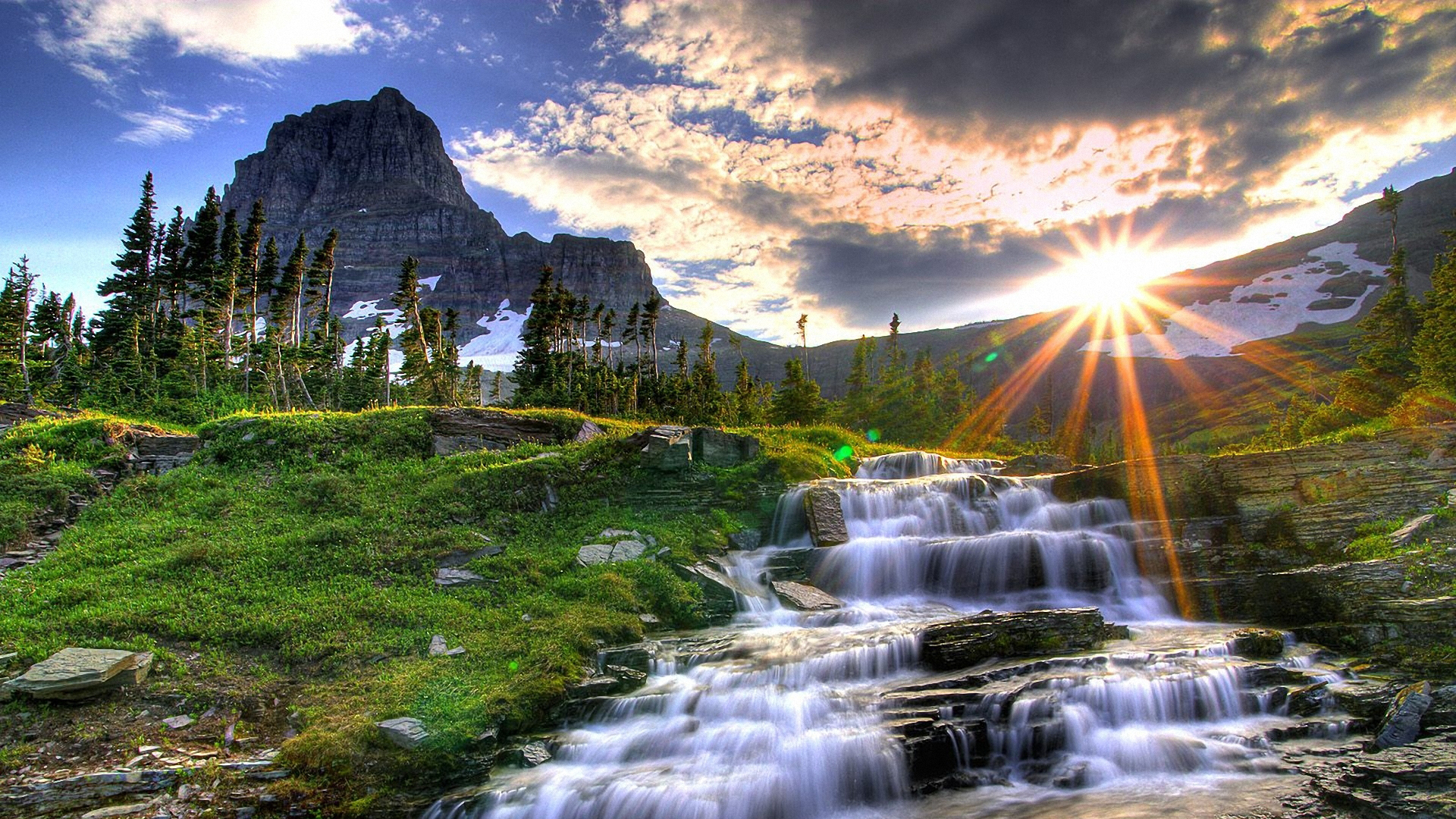 View Of Mountain Grass Water Stream With Wallpaper Of Blue Sky And Clouds During Sunset 2K Nature