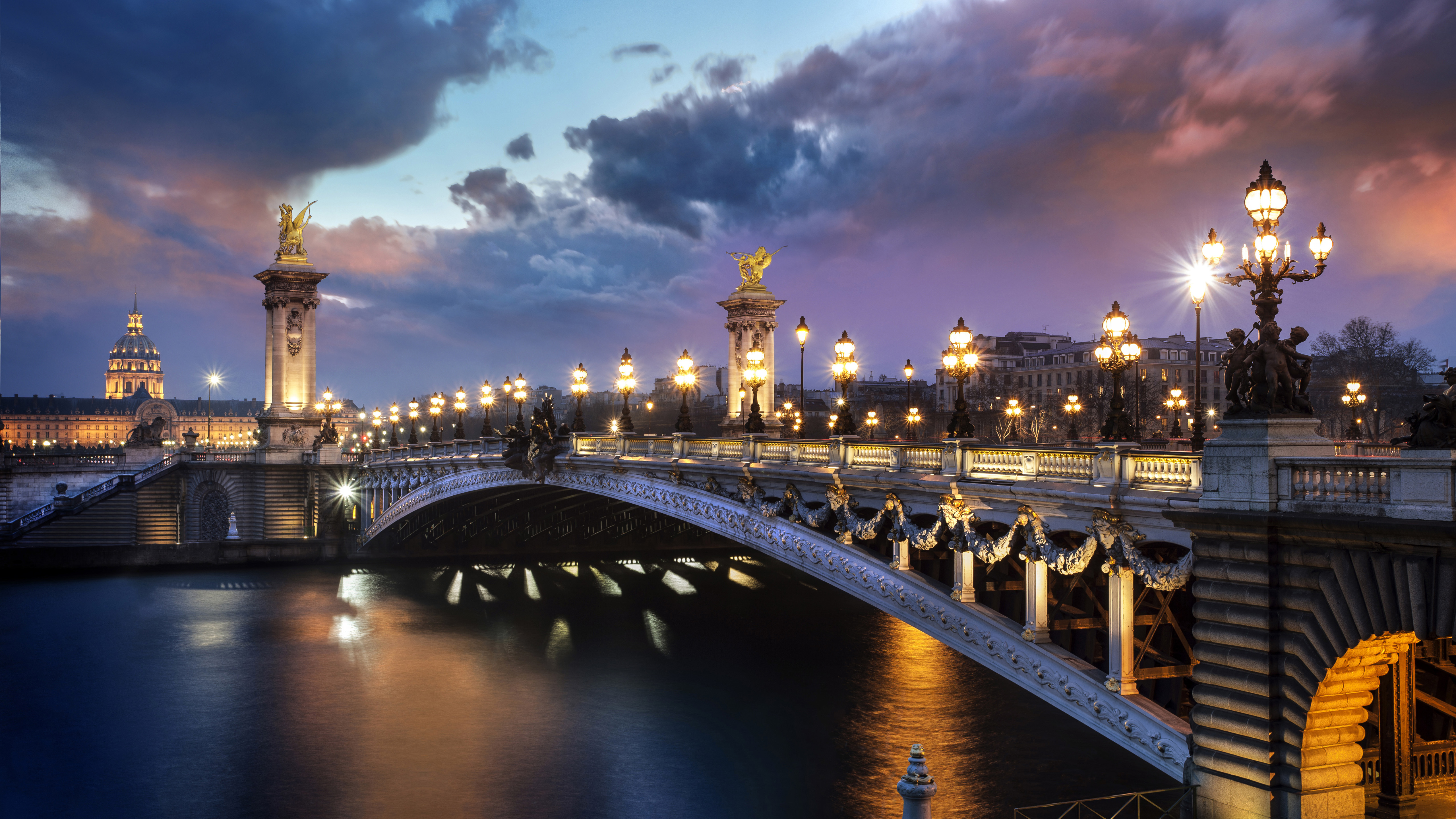 Bridge Of Alexander With Lights France Paris With Wallpaper Of Clouds And Sky K K 2K Travel