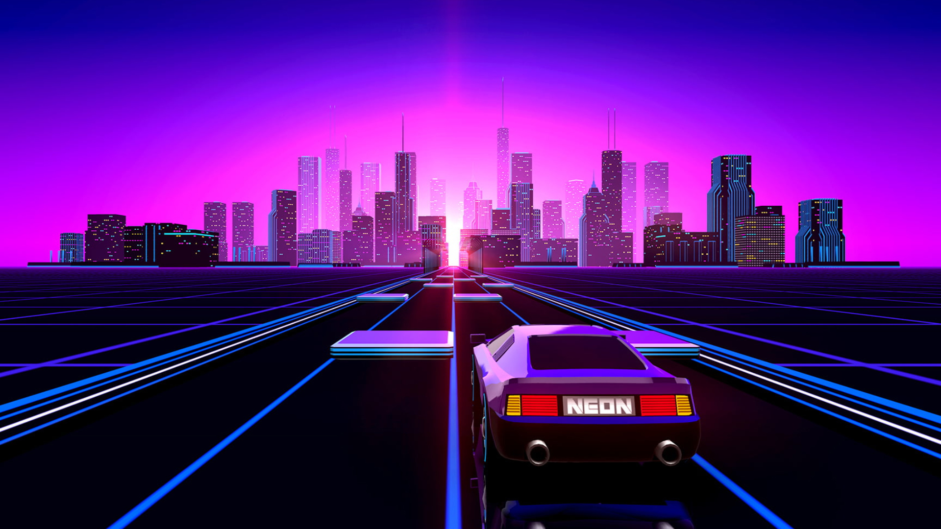 Neon Lights Buildings And Car On Road 2K Vaporwave