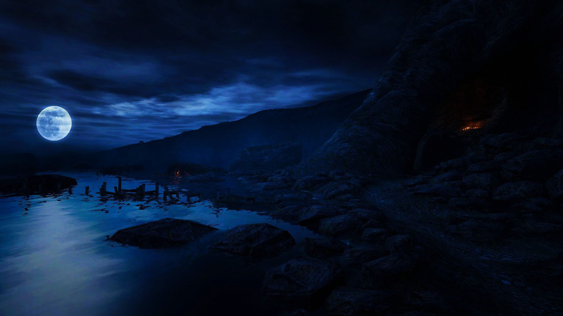 Rocks Mountains Under Moon Black Clouds Blue Sky Reflection On Water Dark Wallpaper 2K Moon