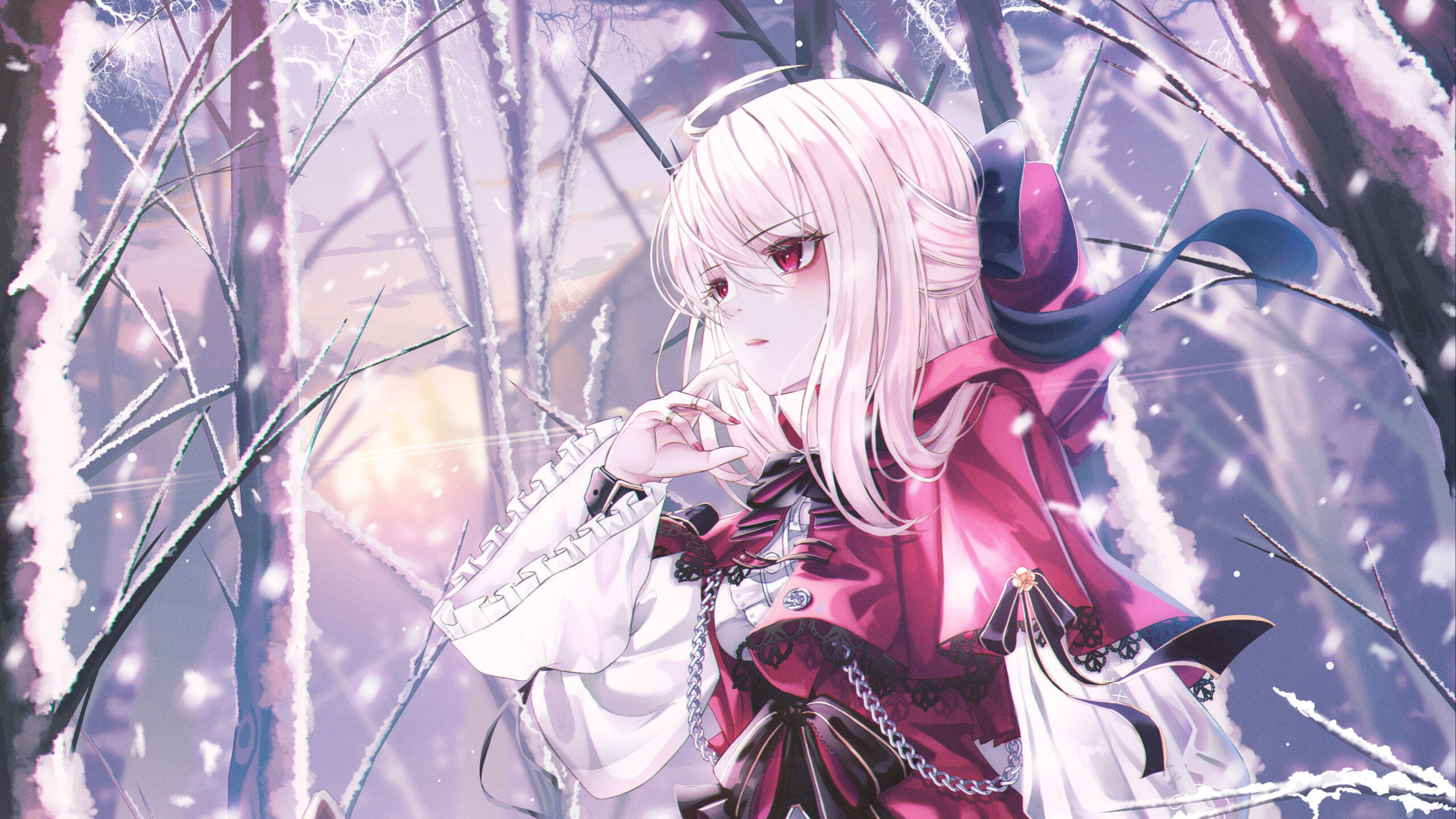 Anime Girl Pink Eyes Pink Dress Snow Falling Forest Wallpaper K 2K Anime Girl