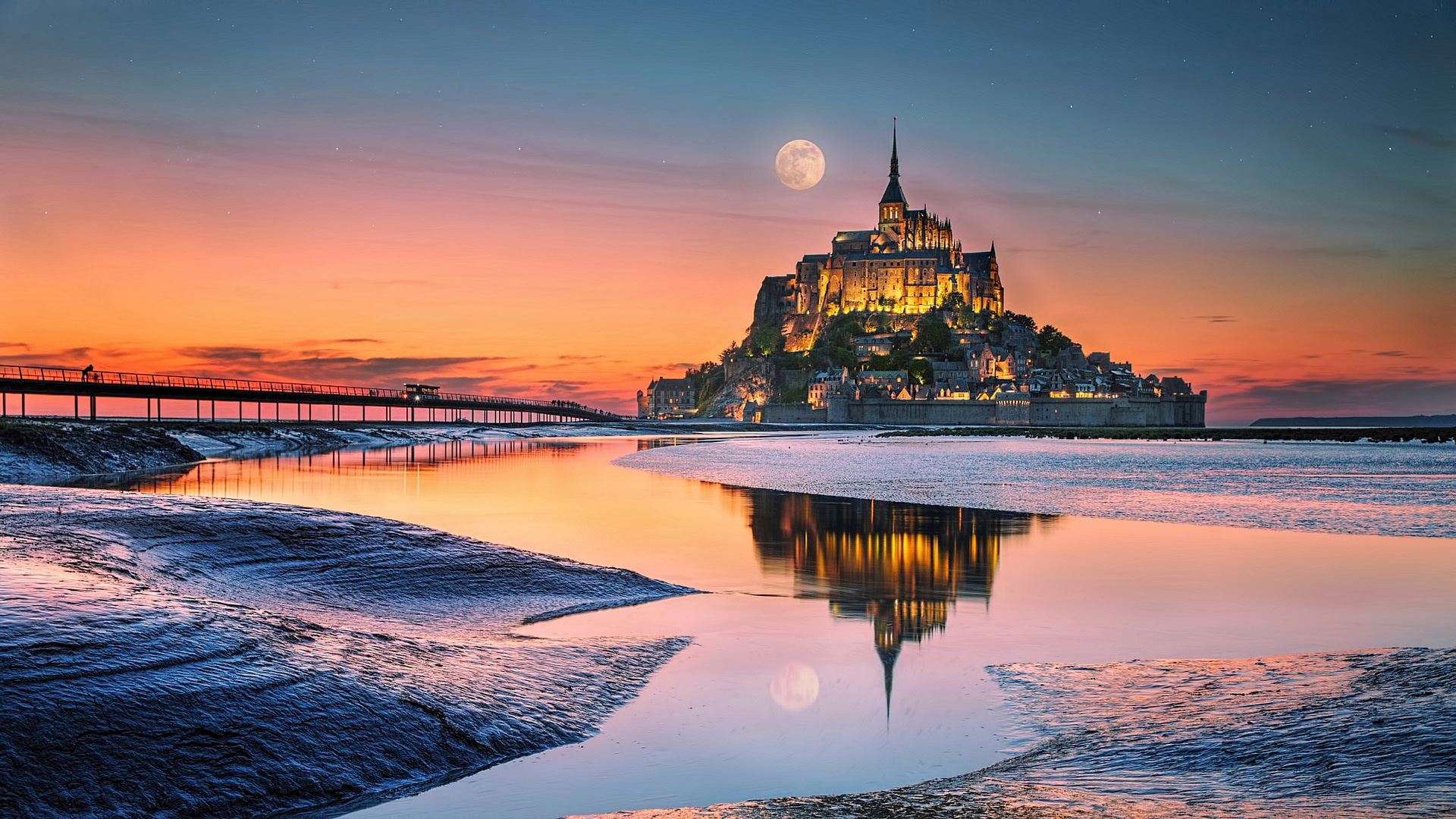 Mont Saint-Michel France Moon Starry Sky Wallpaper Reflection On Water 2K Travel