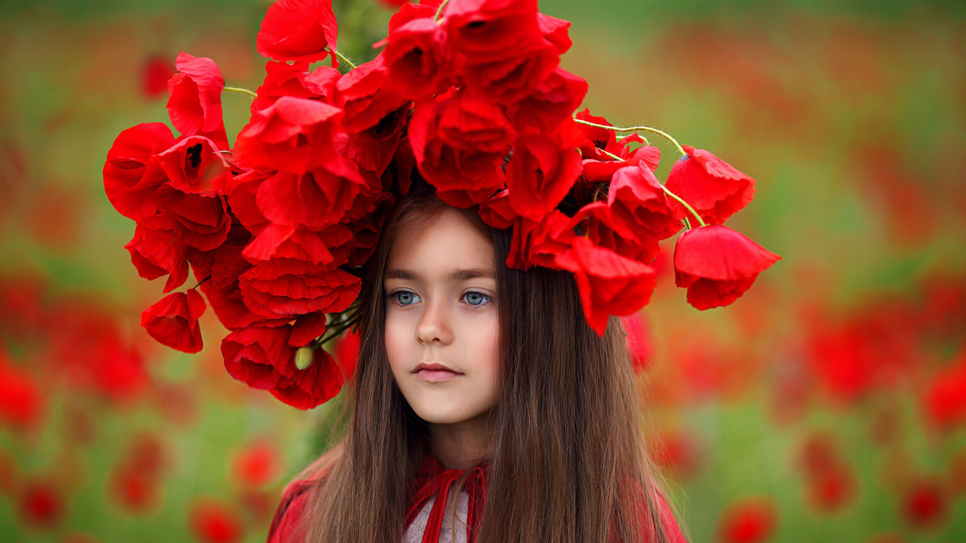 Blue Eyes Long Hair Cute Little Girl Is Having Red Flower Wreath On Head Wearing Red Dress In Blur Red Flowers Wallpaper 2K Cute