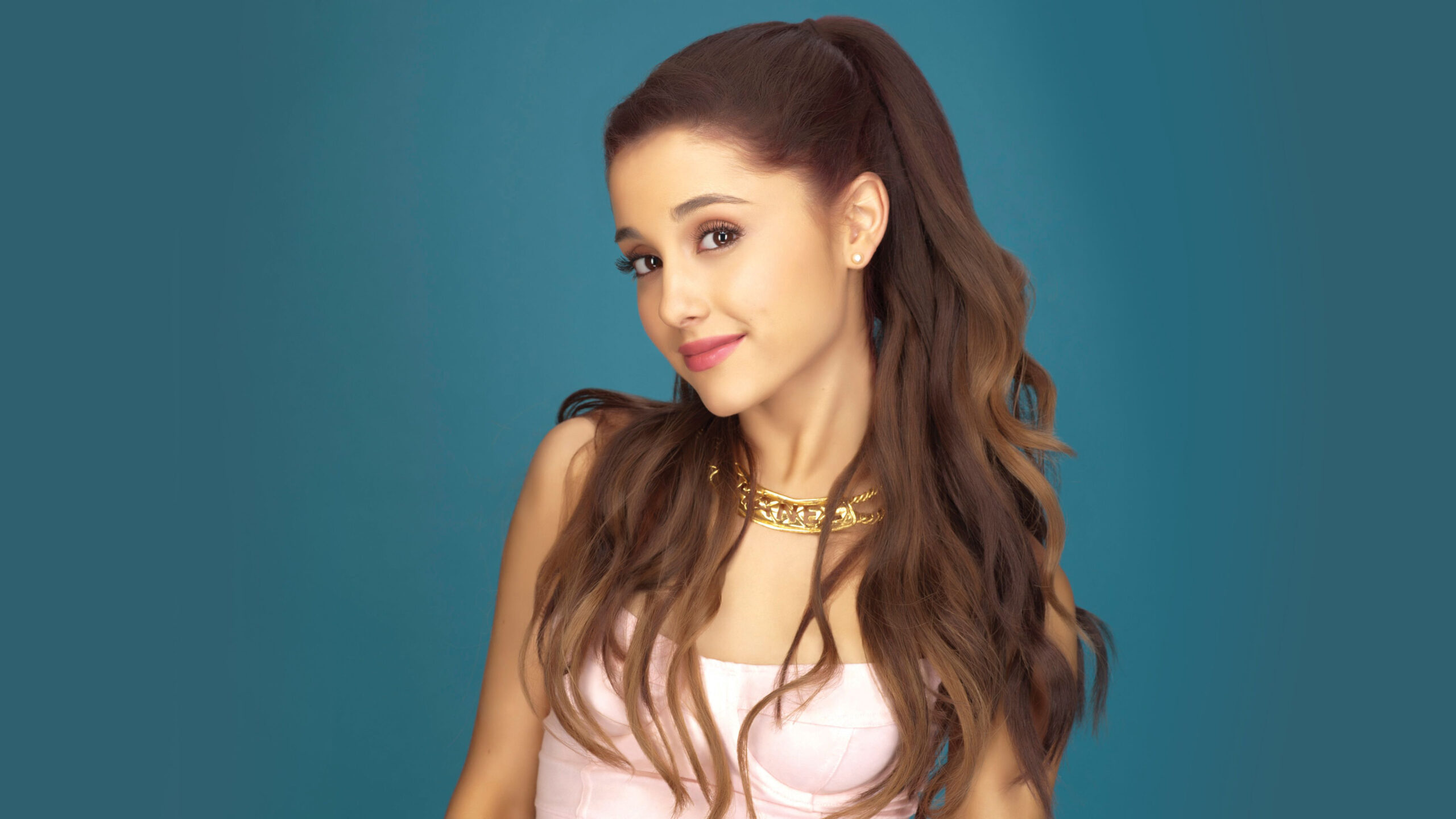 Brown Hair Ariana Grande With Pink Dress In Blue Wallpaper K 2K Ariana Grande