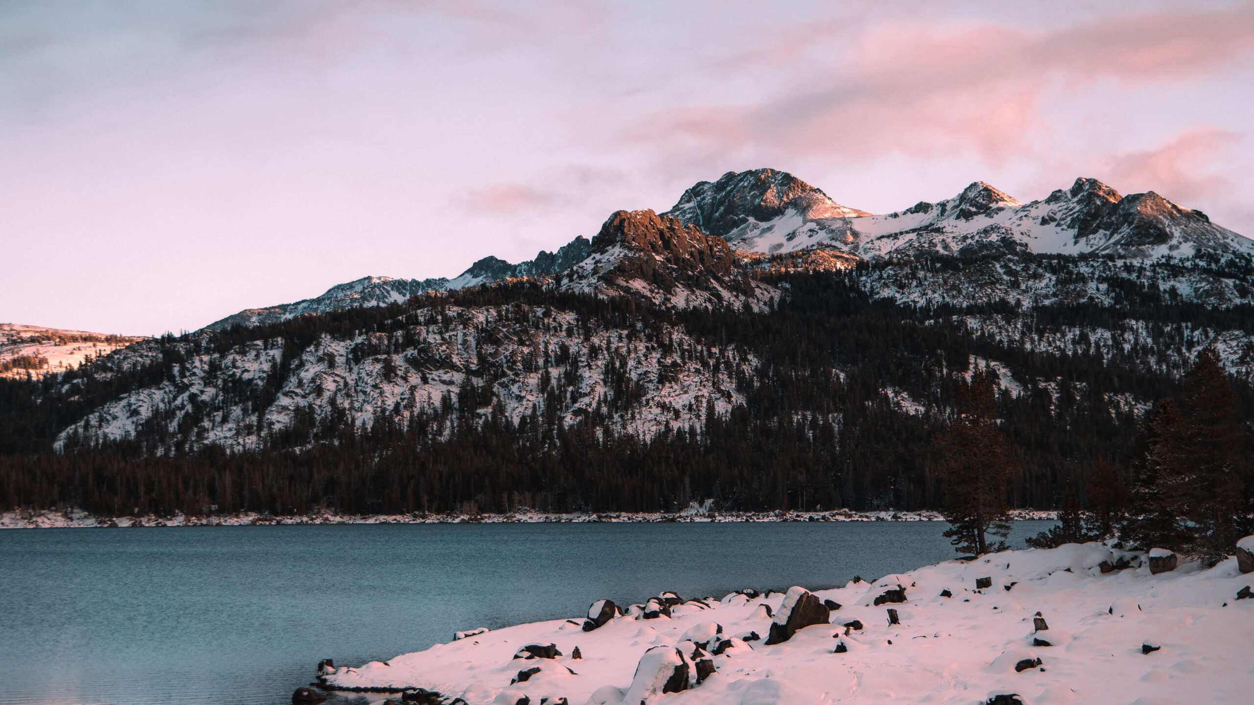 River Between Mountains Covered With Snow And Trees K 2K Nature