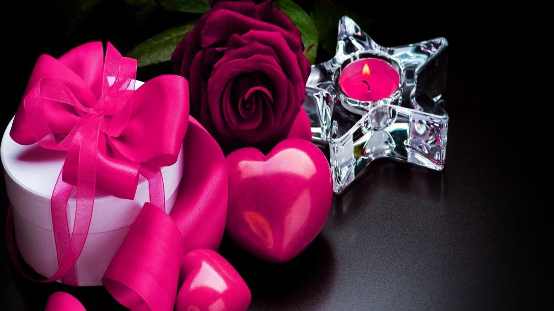 Pink Flowers Candle Heart Gift Box In Black Wallpaper 2K Love