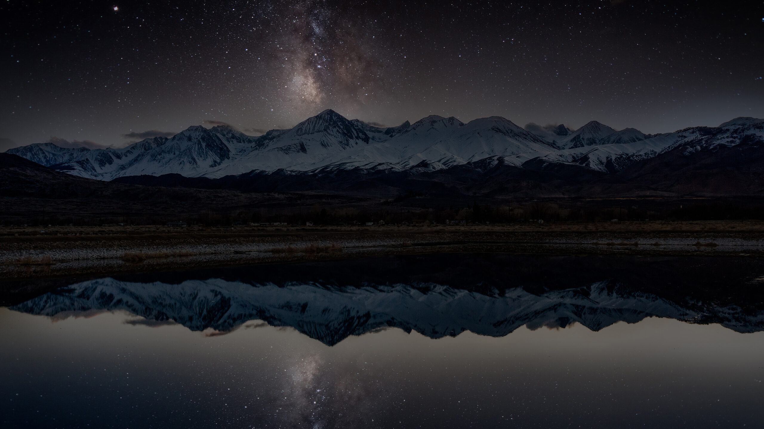 Snow Covered Mountain Reflection On Lake Under Sky With Stars K 2K Winter