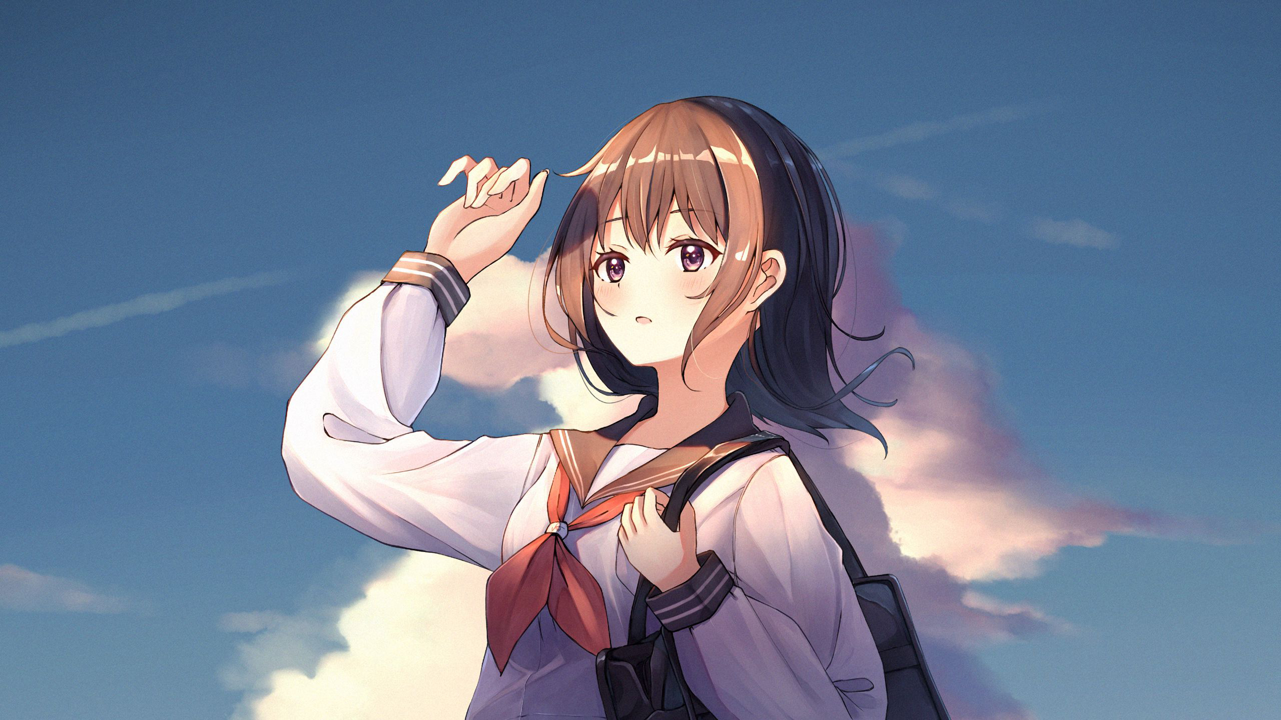 Anime Girl With School Uniform Is Standing In Clouds Blue Sky Wallpaper 2K Anime Girl
