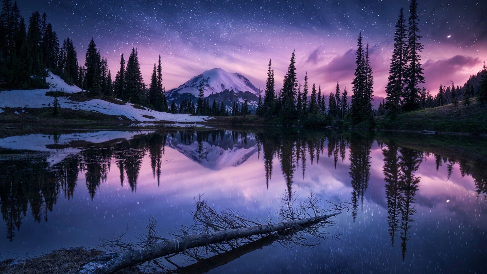 Beautiful Scenery Spruce Trees Snow Covered Mountain Under Starry Sky Reflection On River 2K Nature