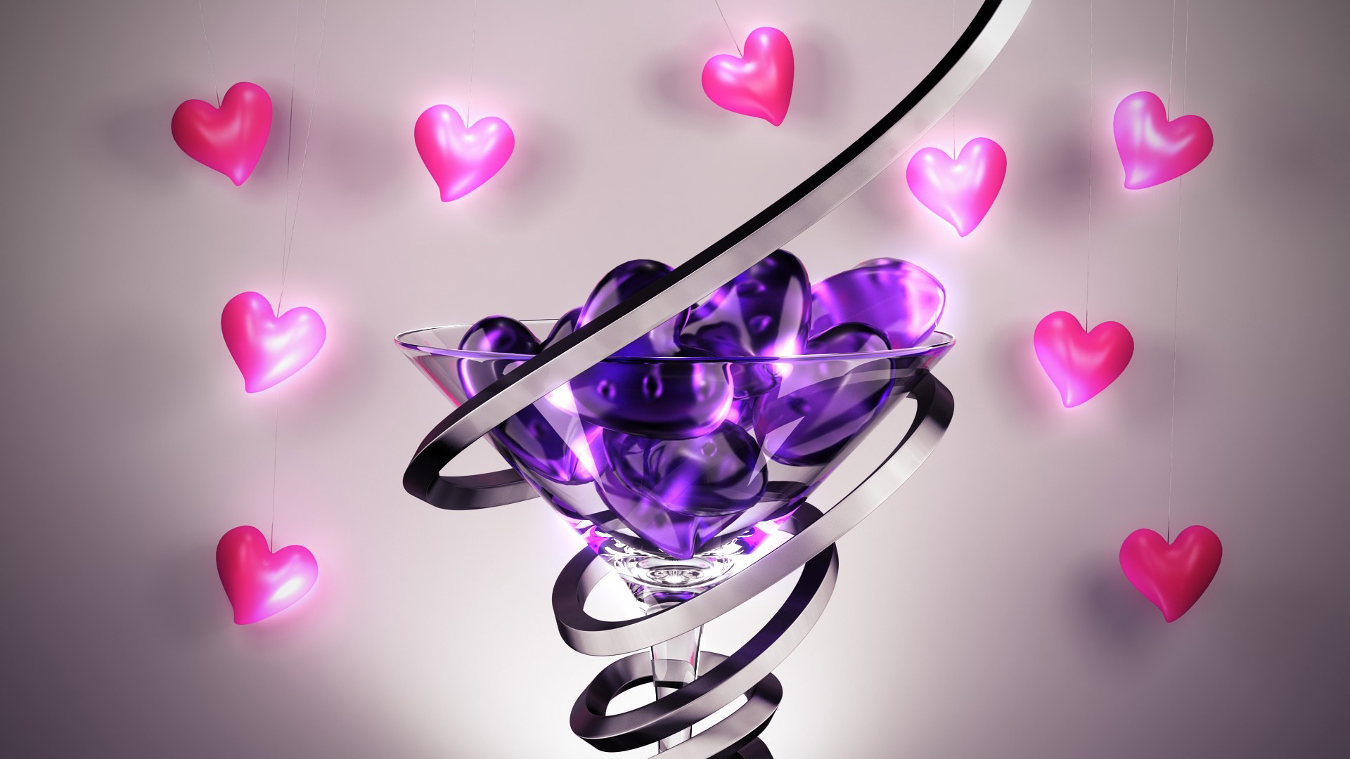 Purple Heart Shapes Inside Glass Pink Hearts Wallpaper 2K Love