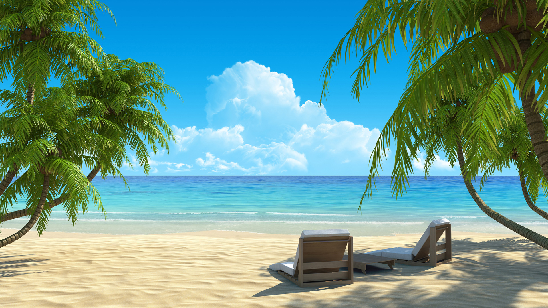 Beach Relaxing Chair On Sand With Palm Trees Each Side 2K Beach