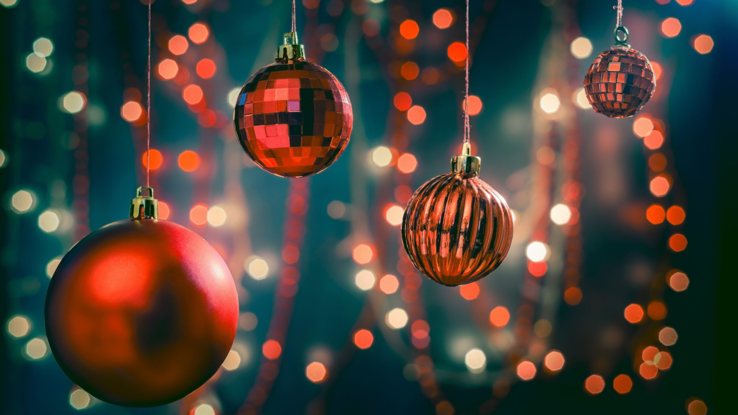 Red Glitter Hanging Christmas Balls In Colorful Lights Bokeh Wallpaper K K 2K Christmas