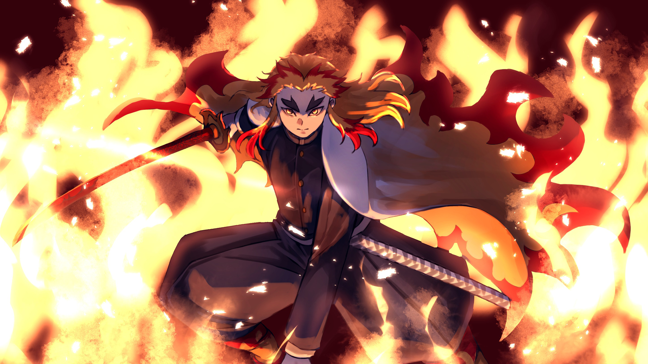 Demon Slayer Kyojuro Rengoku Jumping With Sword On Fire 2K Anime