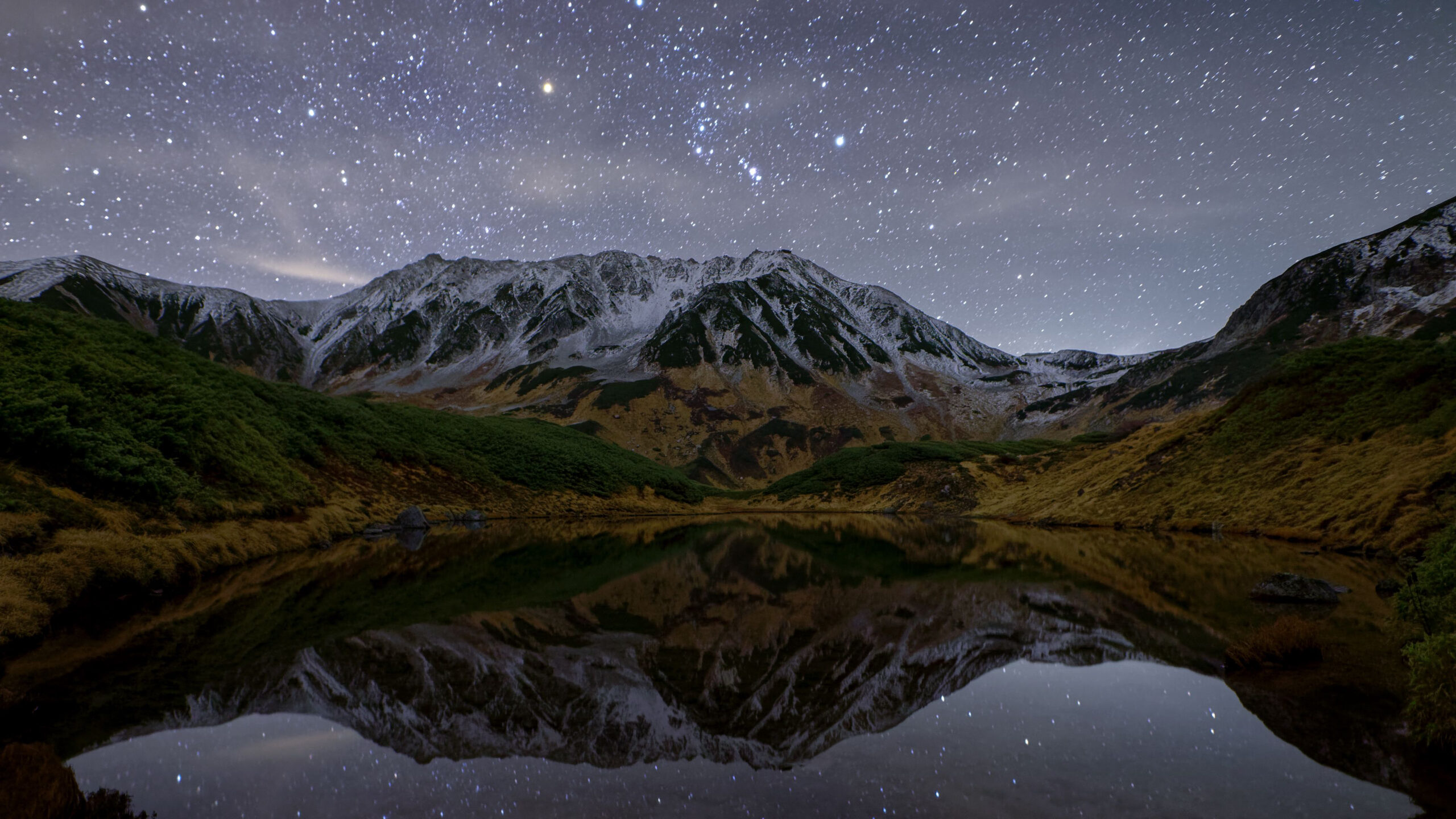 Landscape View Of Snow Covered And Greenery Mountains Under Starry Sky Reflection On Lake K 2K Mountain