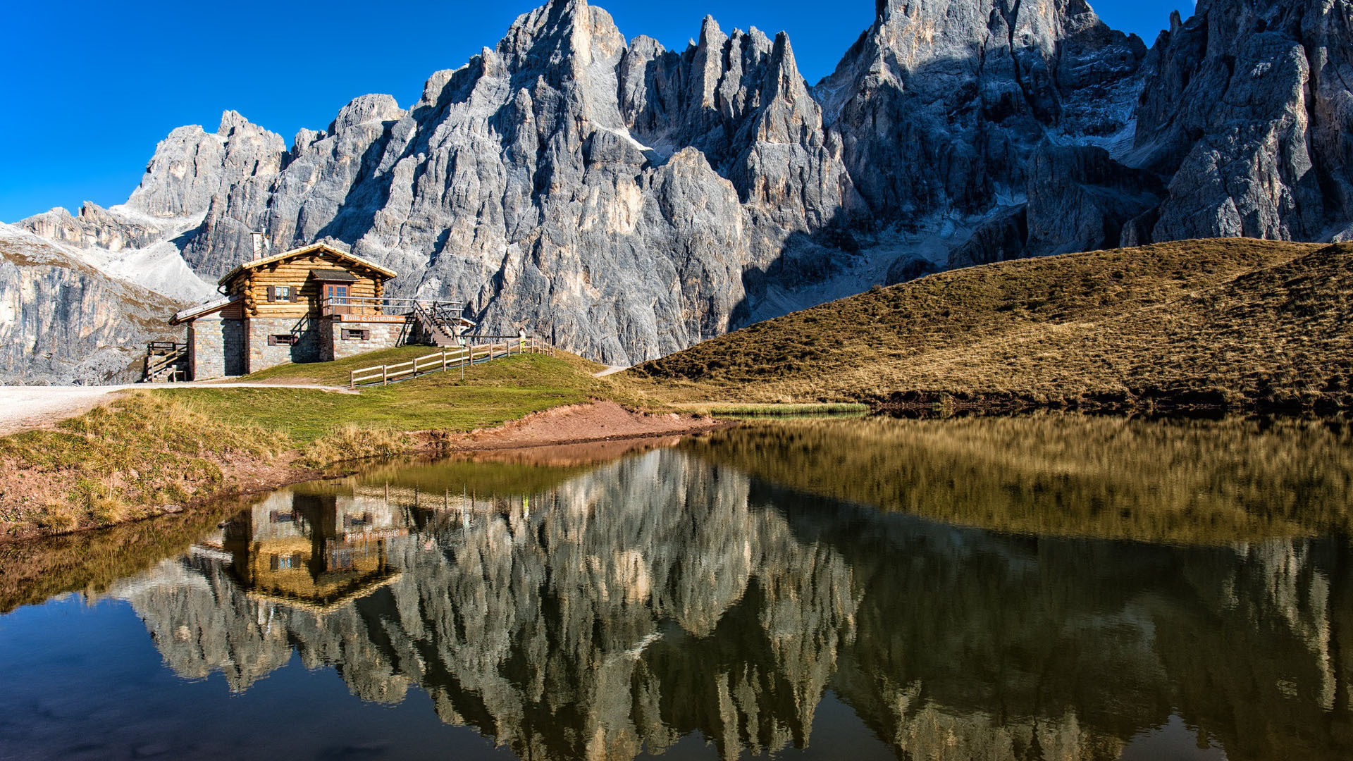 Alps Cabin Dolomites Italy Lake Mountain With Reflection 2K Nature