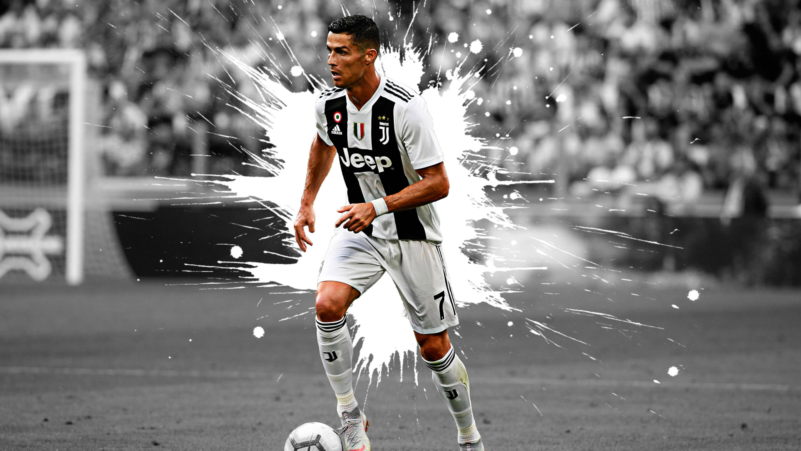 Cristiano Ronaldo CR Is Wearing White Black Sports Dress In Blur Stadium Wallpaper K 2K Cristiano Ronaldo