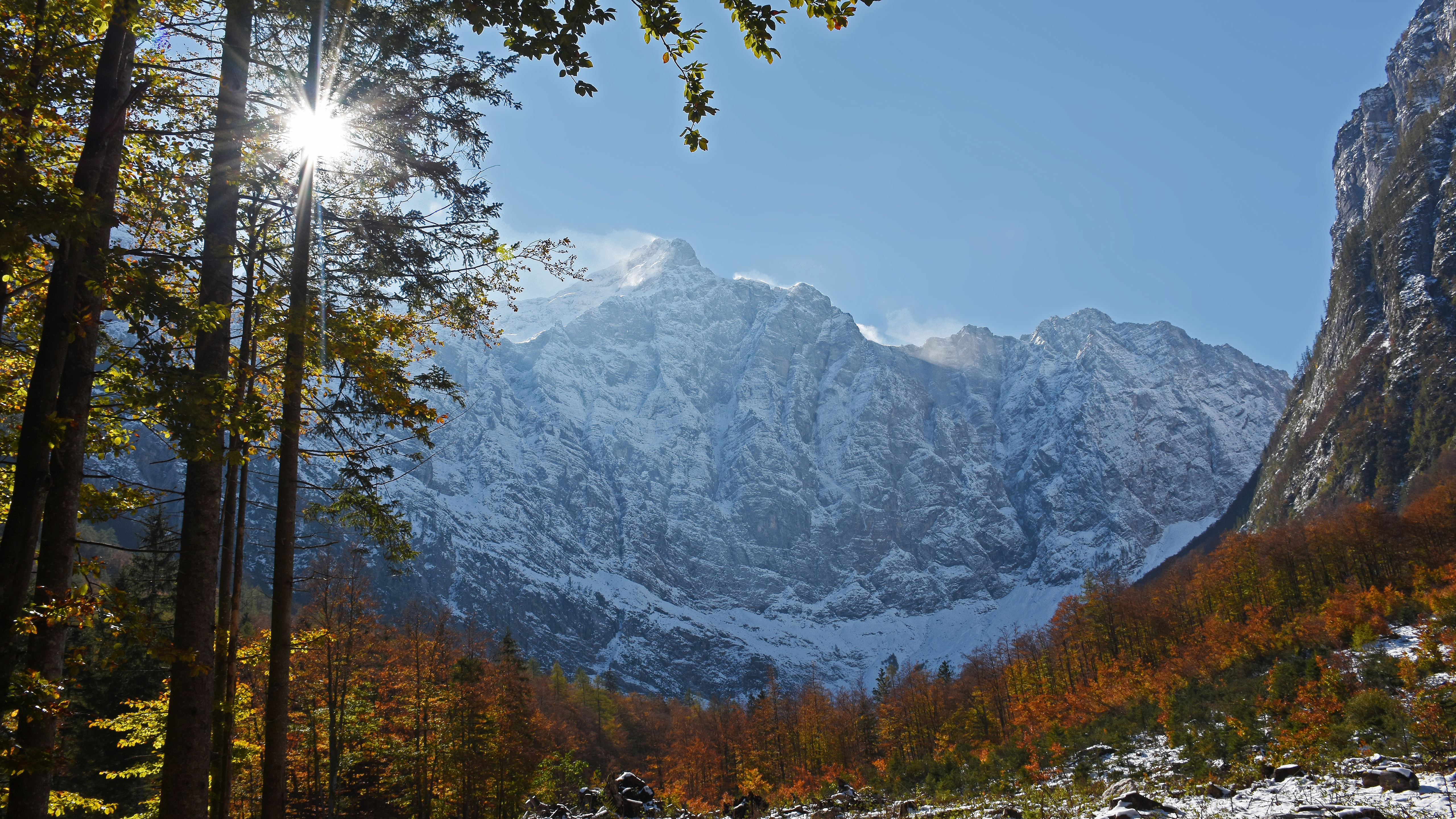 Forest And Julian Alps Mountain Slovenia With Sunbeam And Blue Sky K K 2K Nature