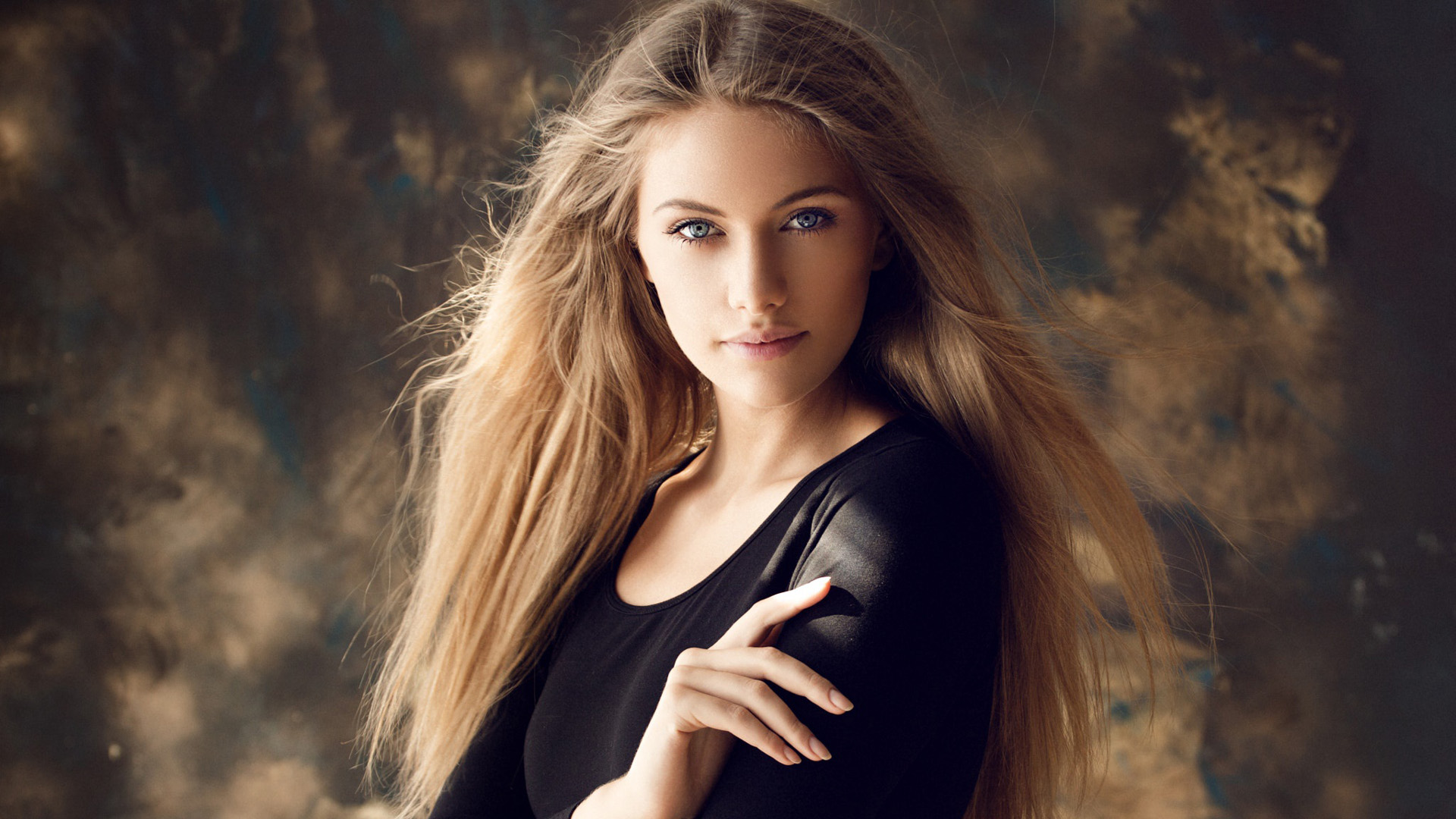 Blonde Girl Model With Blue Eyes Is Standing In Blur Wallpaper Wearing Black Dress 2K Girls