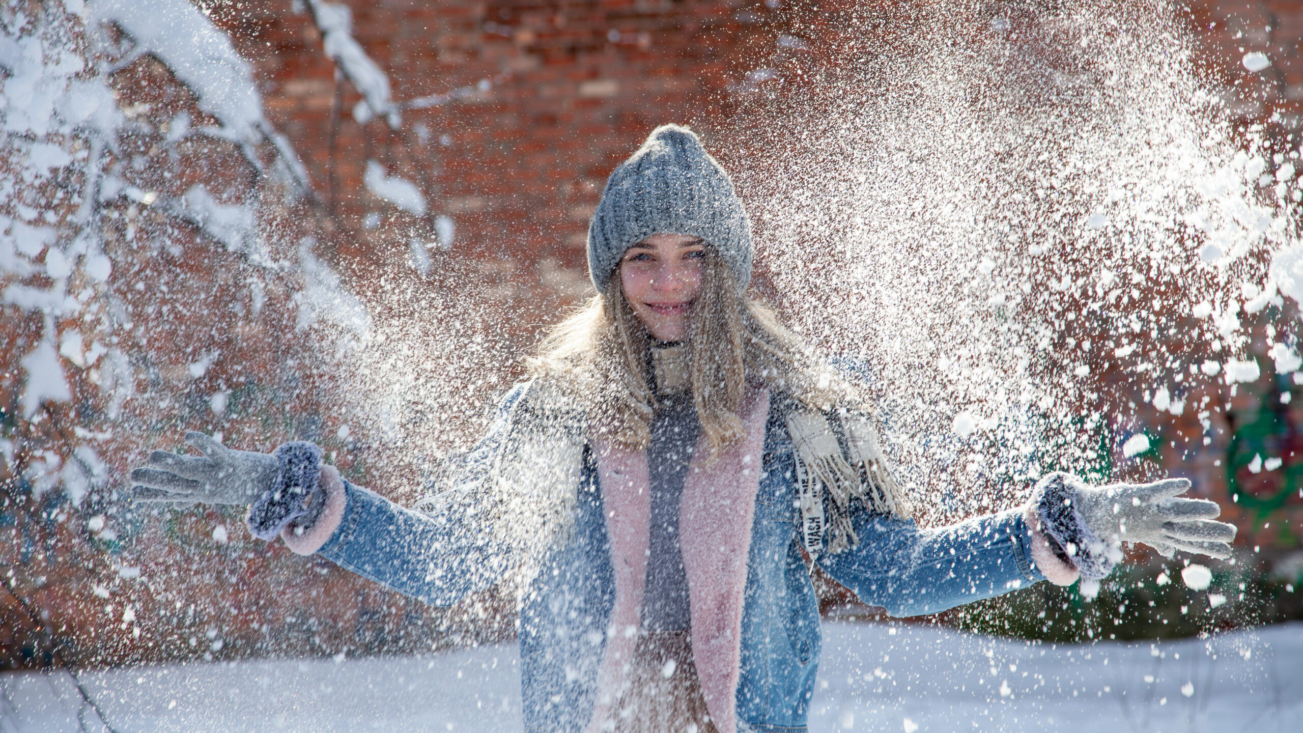 Cute Little Girl Is Playing With Snow In Snow Field Wallpaper Wearing Blue Woolen Knitted Dress And Cap K K 2K Cute