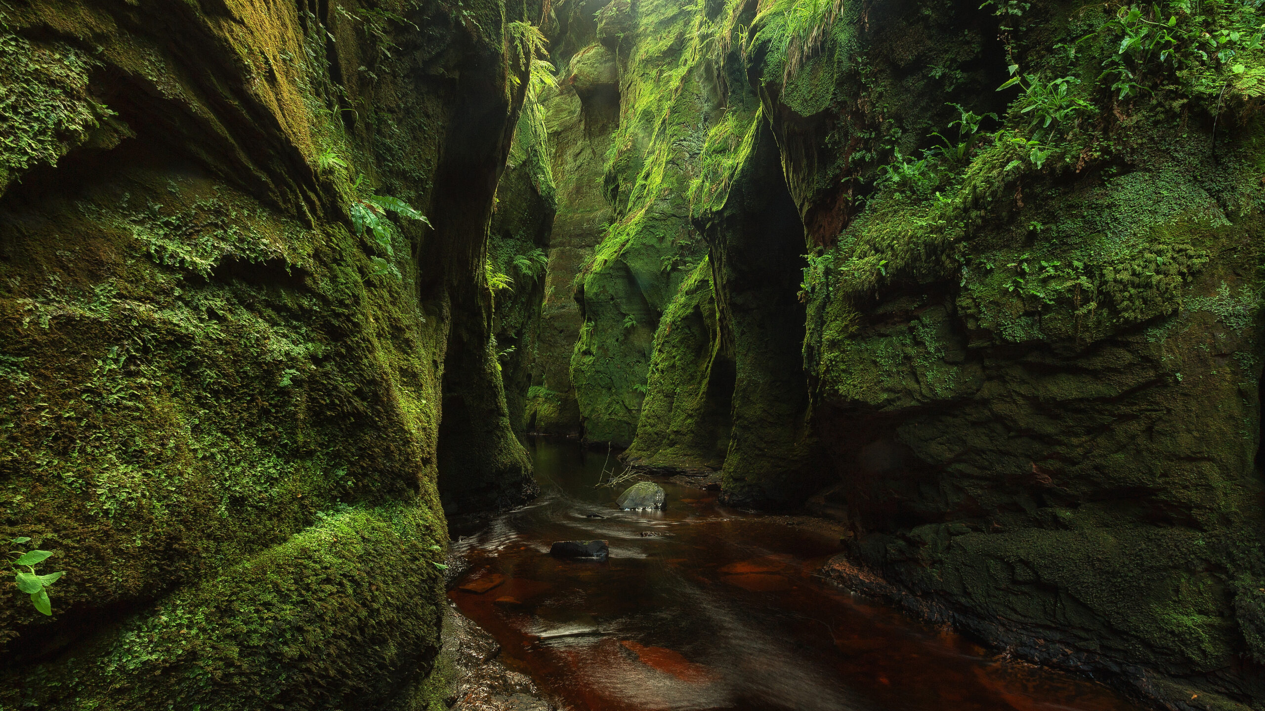 Water Stream Between Greenery Rock Cave During Daytime K K 2K Nature