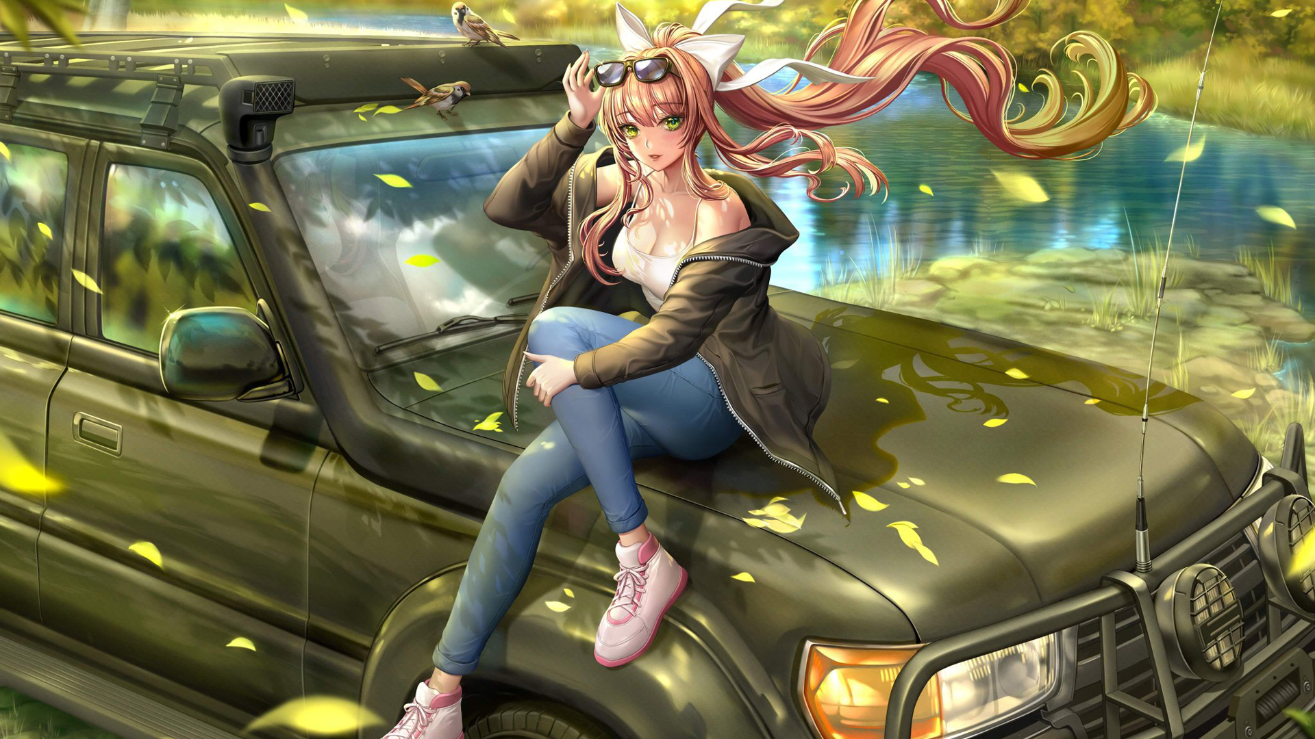 Brown Long Hair Anime Girl Is Sitting On Car Wearing Green Jerkin Blue Jeans 2K Anime Girl