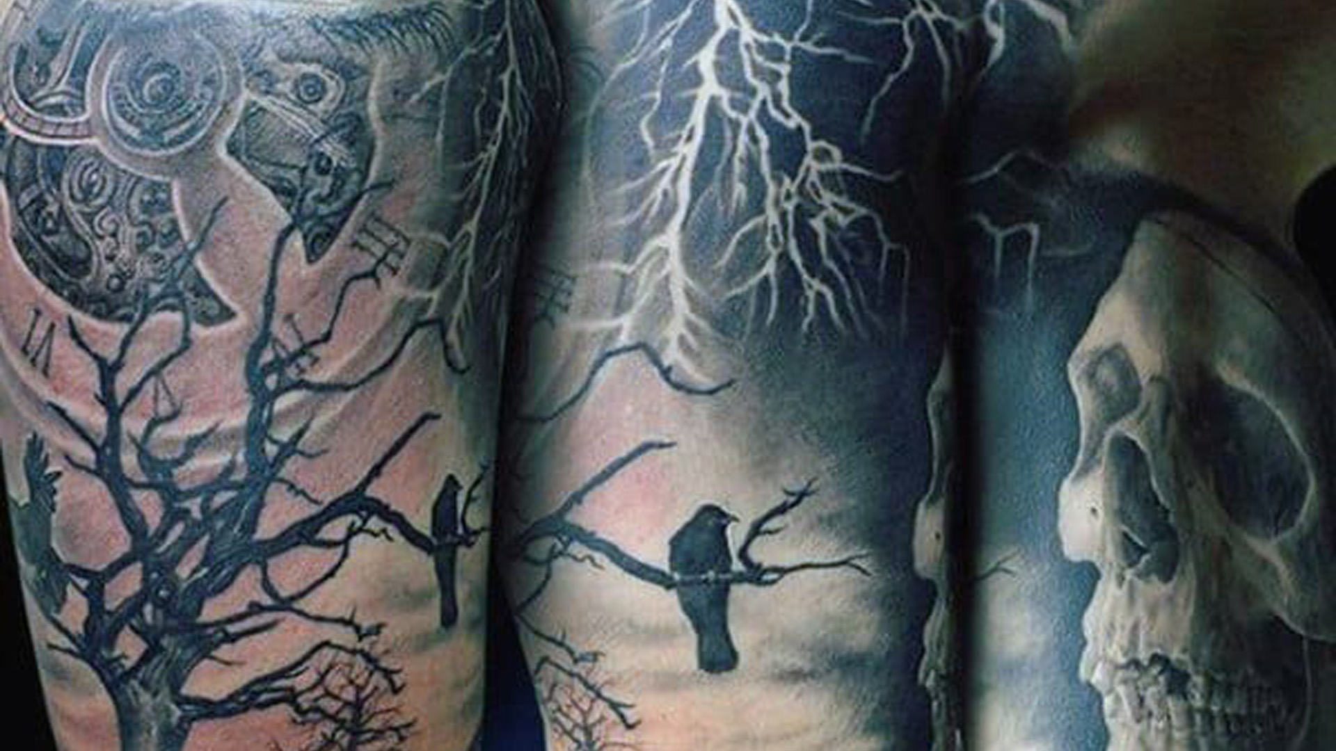 Raven Tattoos Skeleton Lightening Strikes On Upper Arms For Men 2K Tattoos For Men
