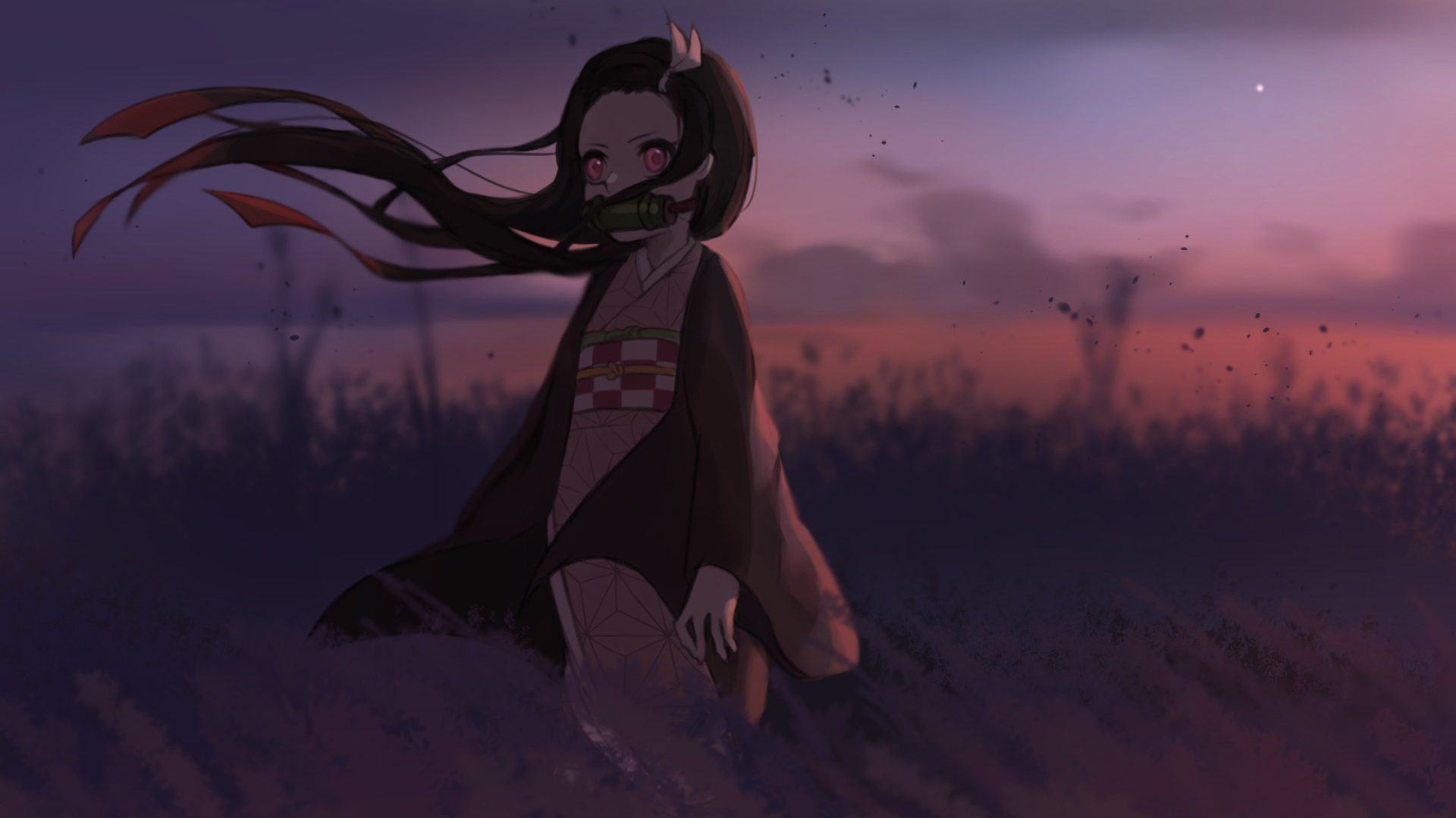 Demon Slayer Nezuko Kamado Standing On Field With Shallow Wallpaper Of Sky And Clouds 2K Anime