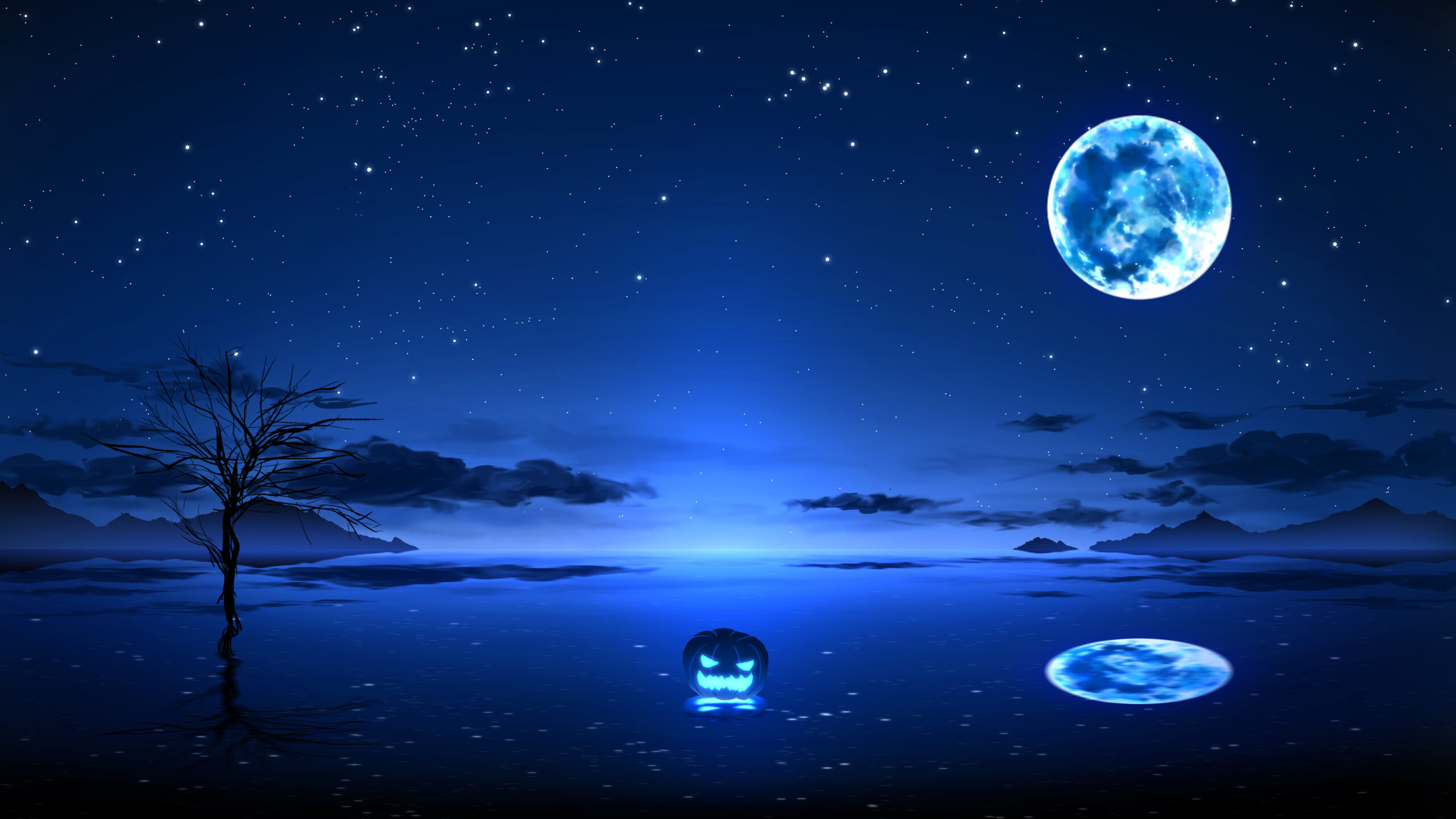 Anime Trees Mountain Moon Blue Starry Sky Reflection On Lake K 2K Anime