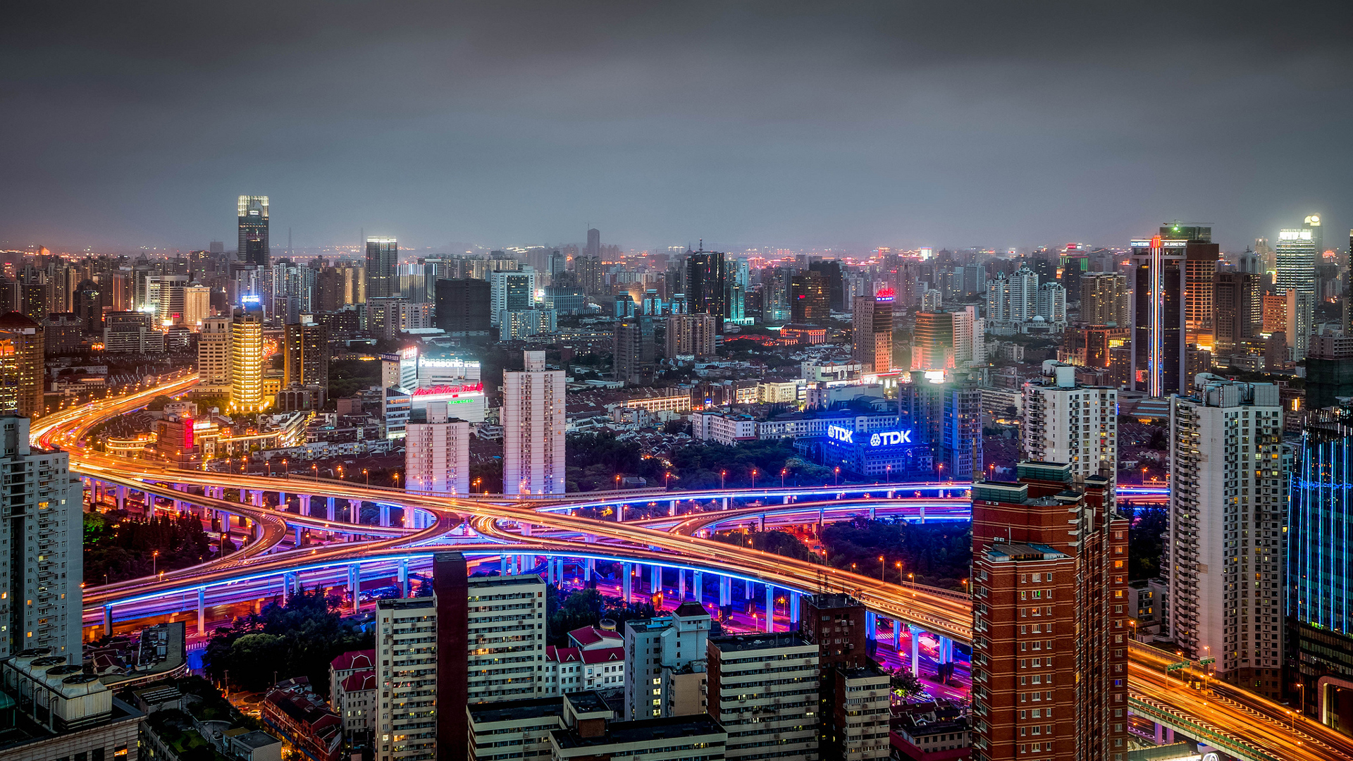 Building China City Huangpu Night Panorama Road Shanghai 2K Travel