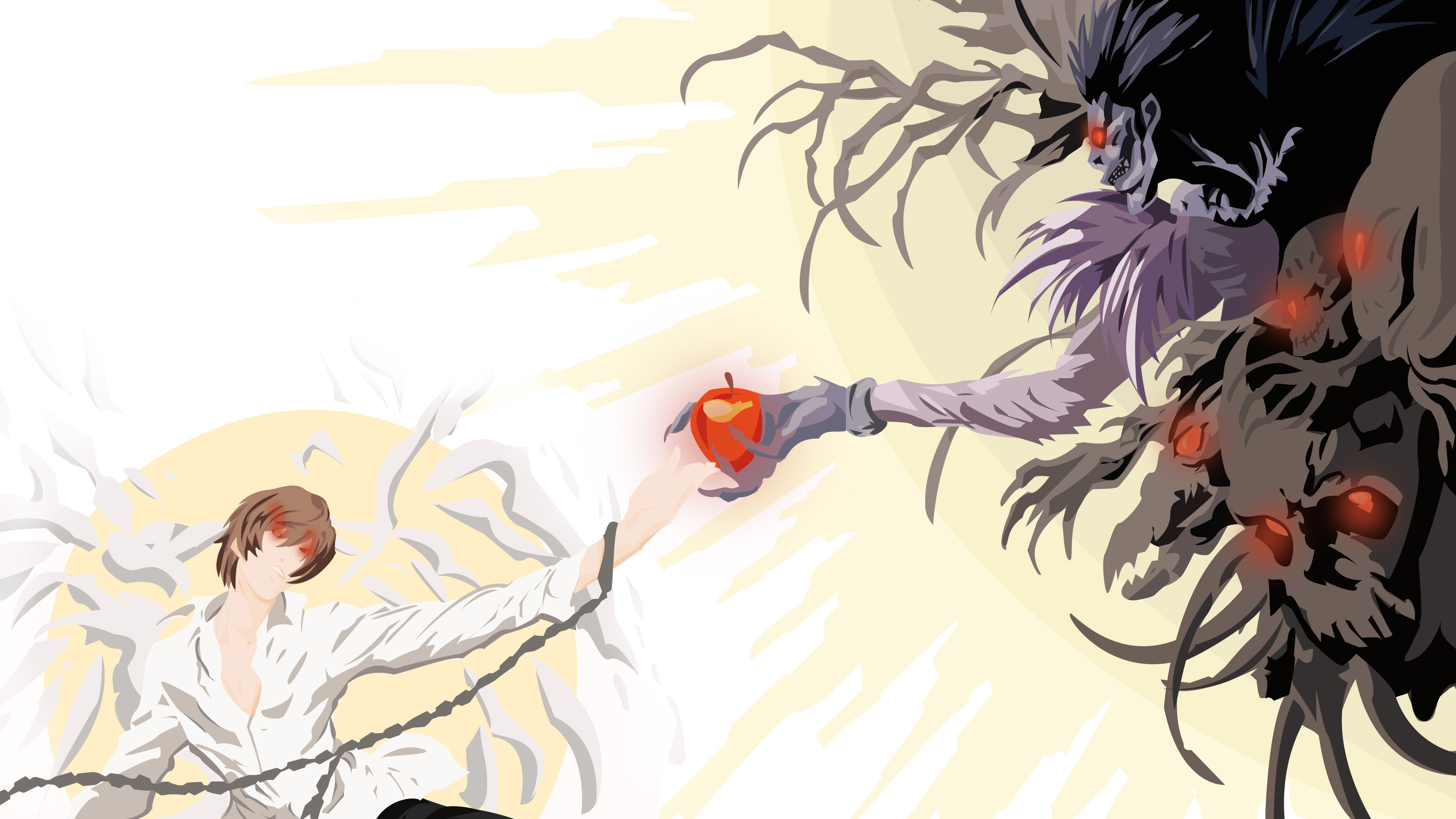 Smiley brown hair glowing eyes kira light yagami with handlock and red eyes ryuk with apple death note k 2K anime