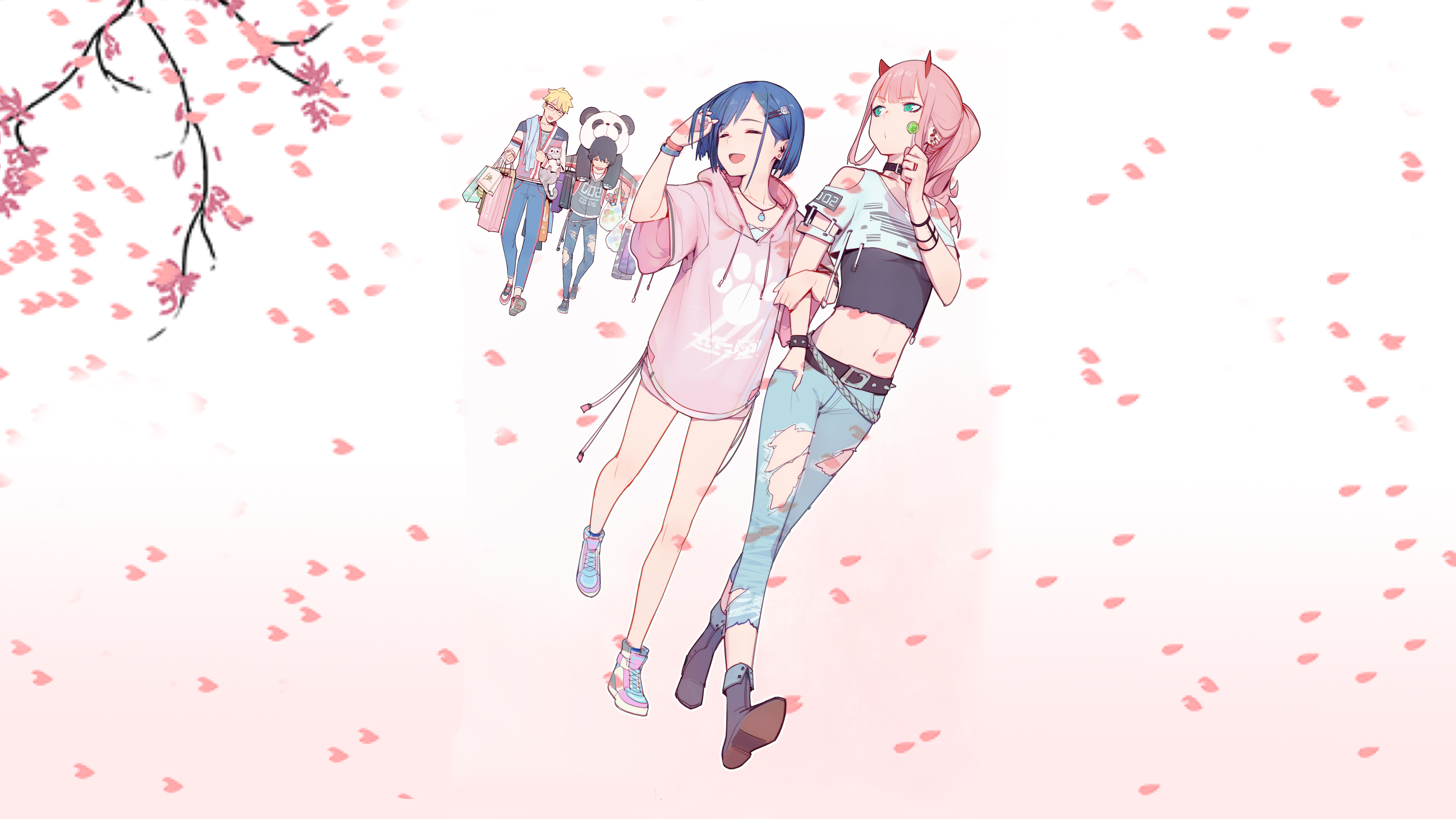 Darling in the franxx zero two ichigo walking with Wallpaper of white and pink patches and pink patels k 2K anime
