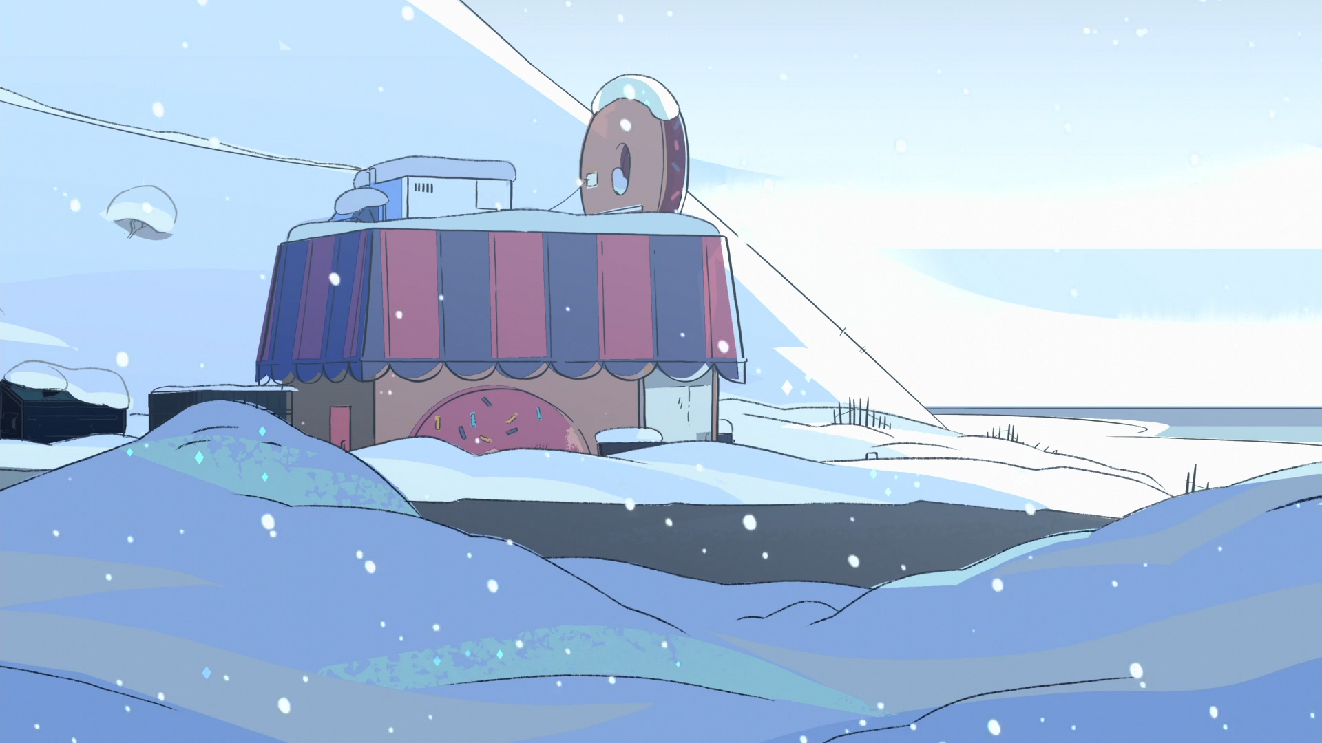 Steven Universe Back View Of Big Donut Store On Snow Weather 2K Movies
