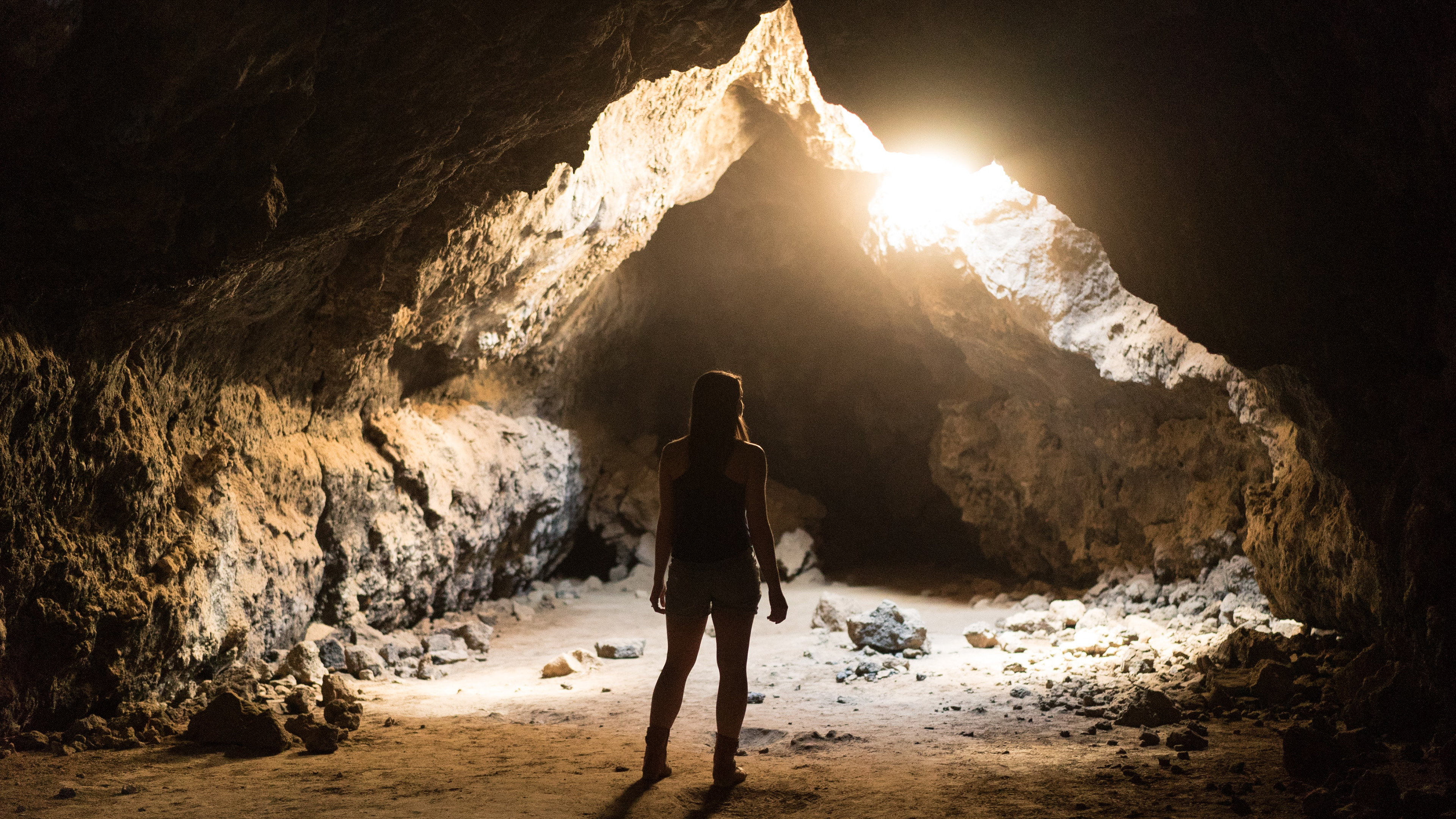 Dark Woman Standing Inside Cave K 2K