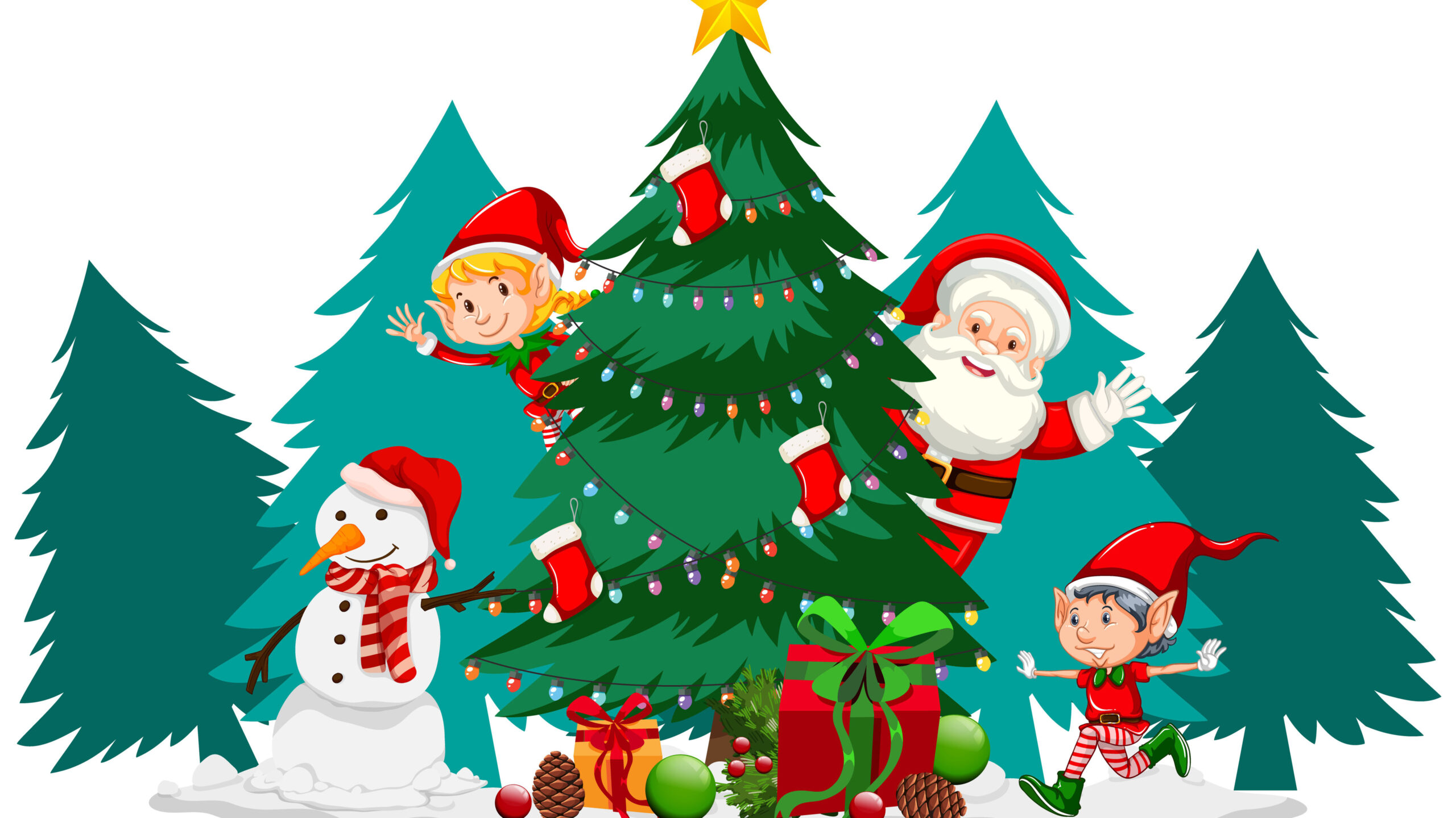 Santa Claus Snowman Christmas Tree Gift Boxes White Wallpaper K K 2K Christmas