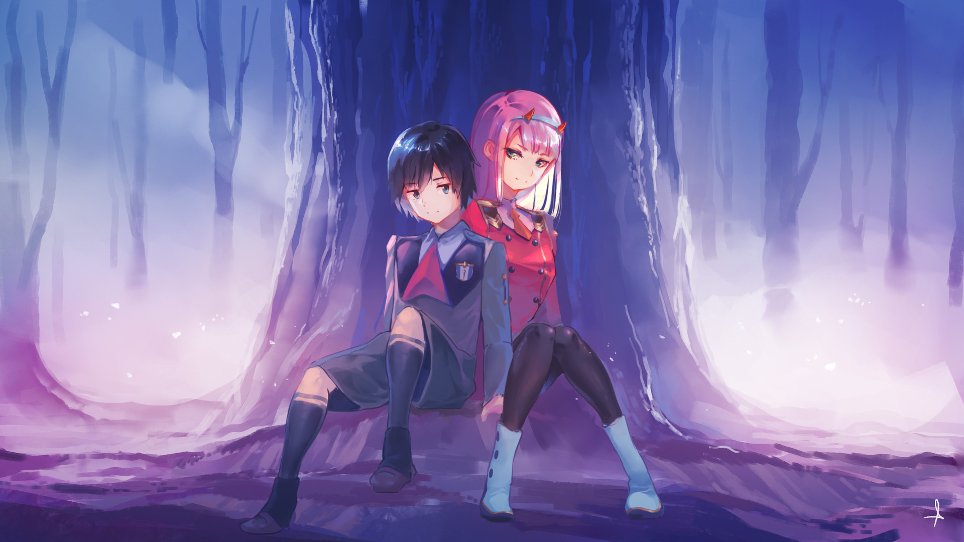 Darling in the franxx zero two hiro sitting in front of tree with shallow Wallpaper of trees 2K anime