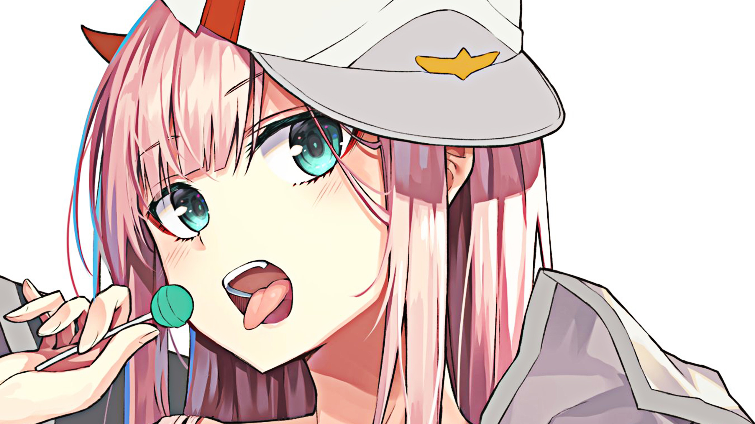 Darling In The FranXX Zero Two Hiro Zero Two With Hat Having Green Lollypop With White Wallpaper 2K Anime