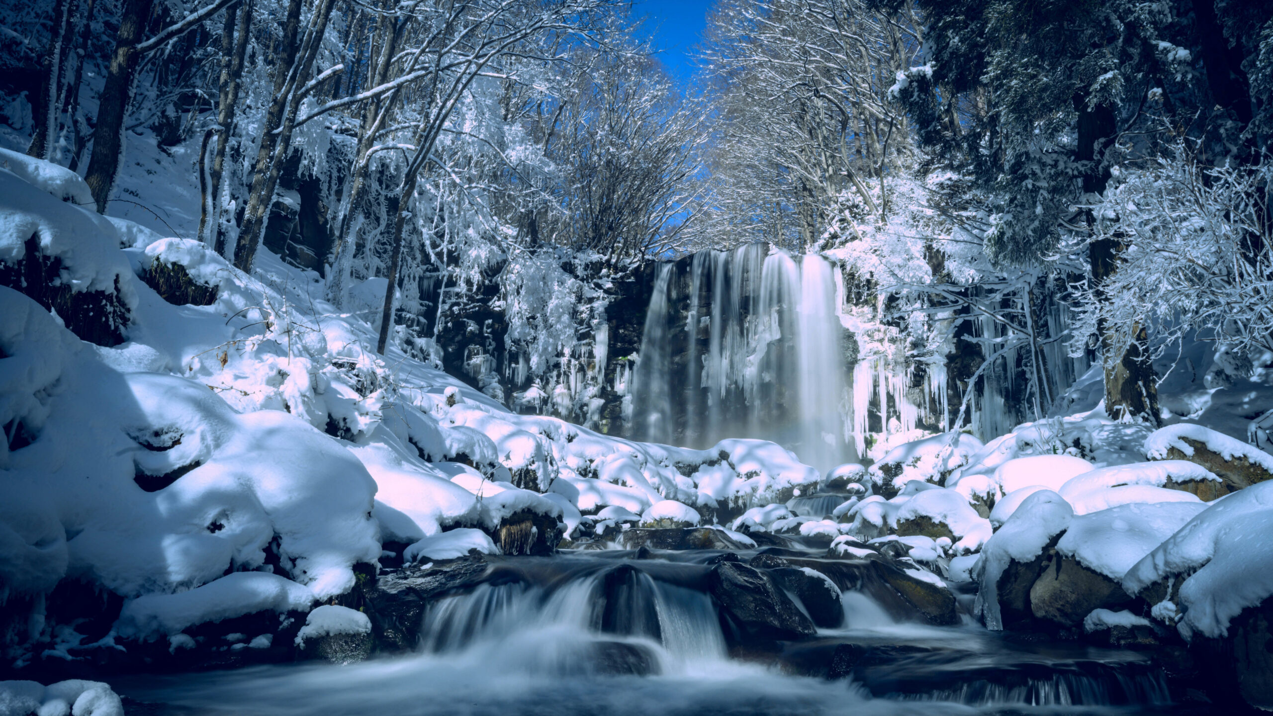 Beautiful Frozen Snow Covered Waterfall Stream Stones Trees Forest In Blue Sky Wallpaper During Daytime K K 2K Winter