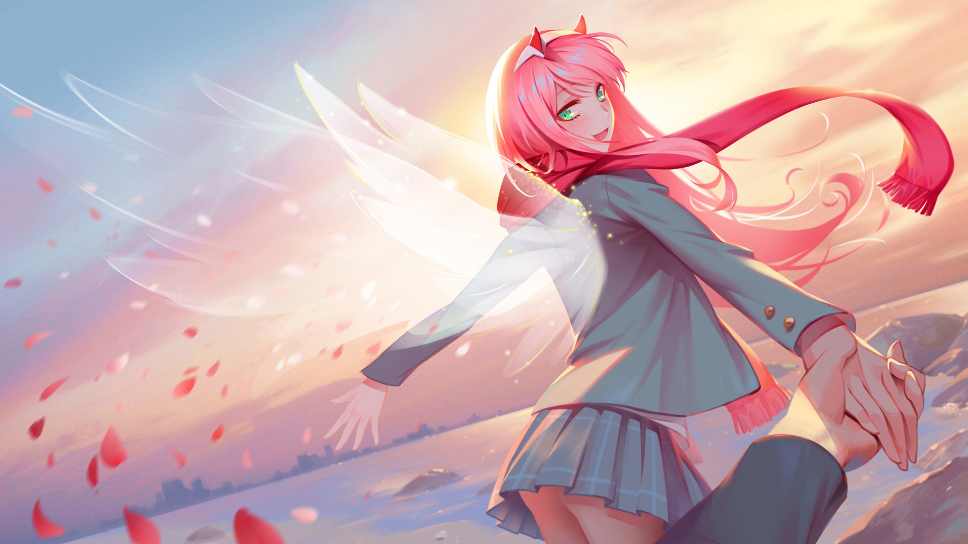 Darling in the franxx zero two with wings with Wallpaper of sunrise and blue sky 2K anime