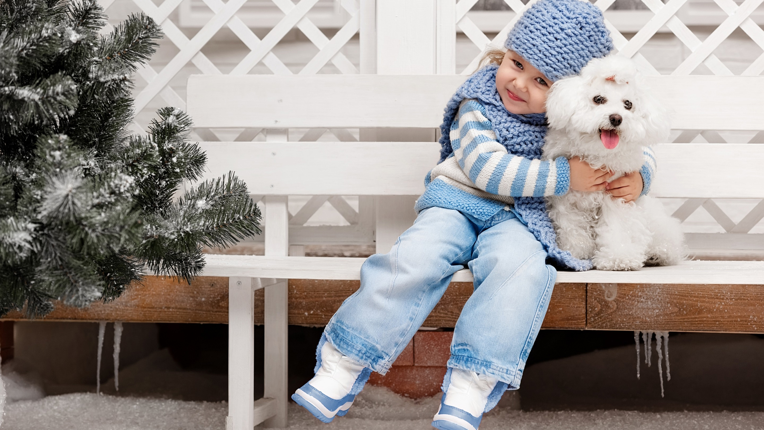 Cute Smiley Little Girl With Pet Dog Wearing Blue Striped Woolen Dress And Cap Sitting On White Bench 2K Cute