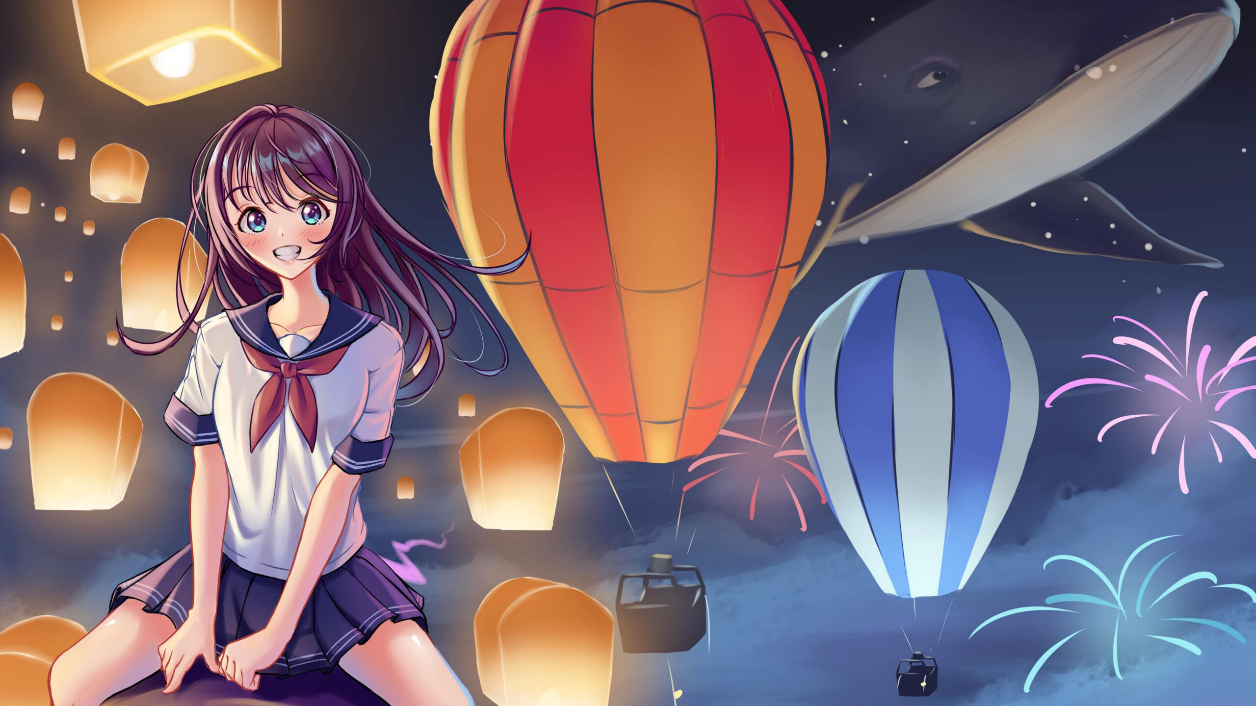 Smiling Anime Girl With School Uniform In Lanterns Balloons Wallpaper K 2K Anime Girl