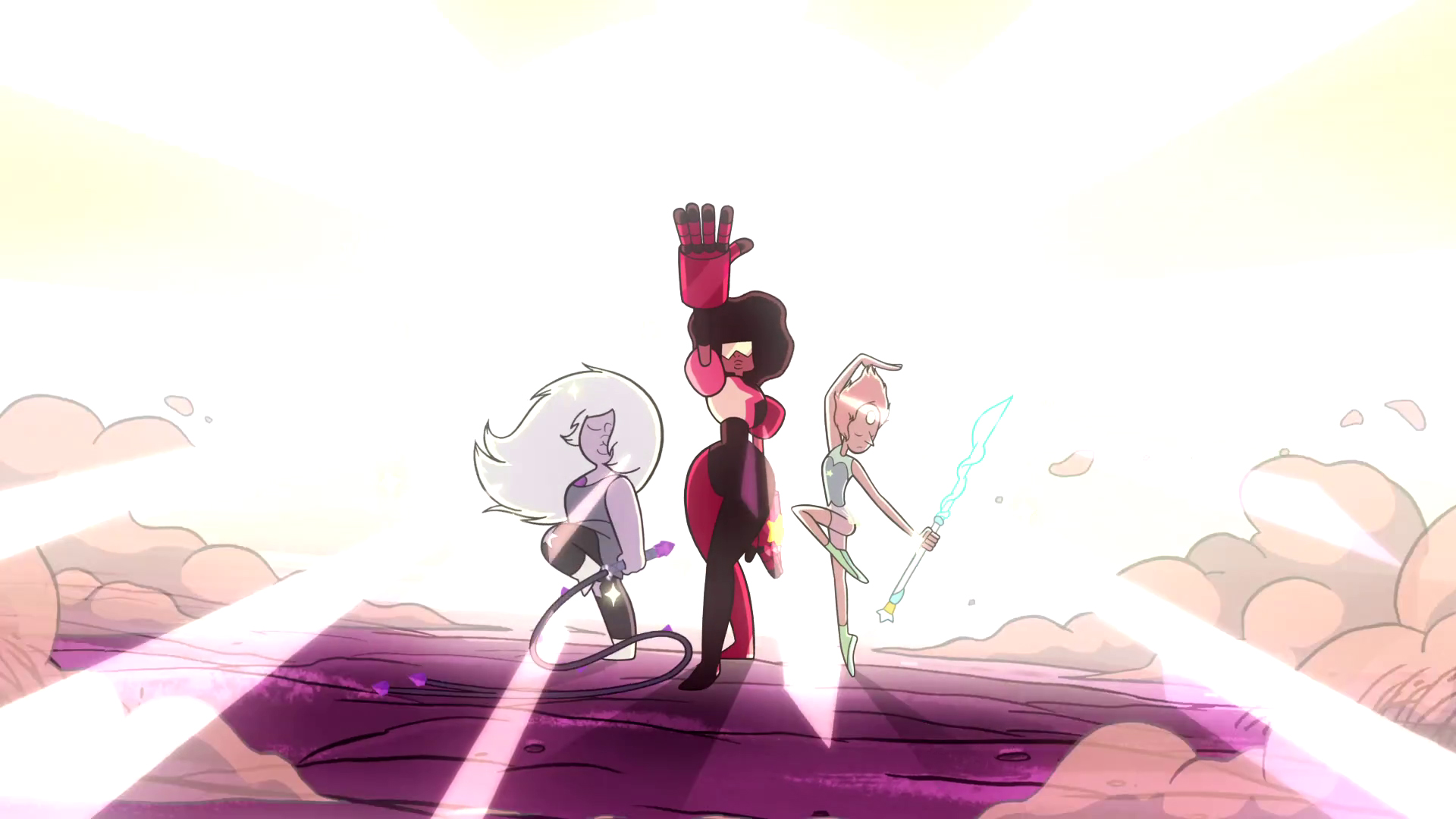 Steven Universe Amethyst With A Whip Pearl With A Spear Garnet With White Lighting Wallpaper 2K Movies