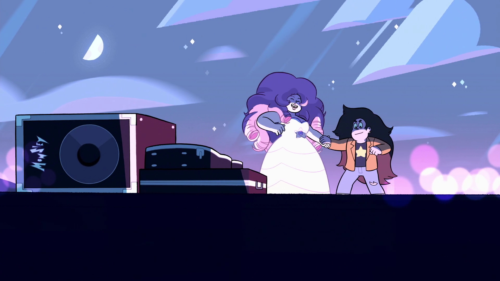 Steven Universe Greg Universe With Black Hair And Brown Coat Rose Quartz With White Gown Purple And Pink Hair With Wallpaper Of Purple Sky And Moon 2K Movies