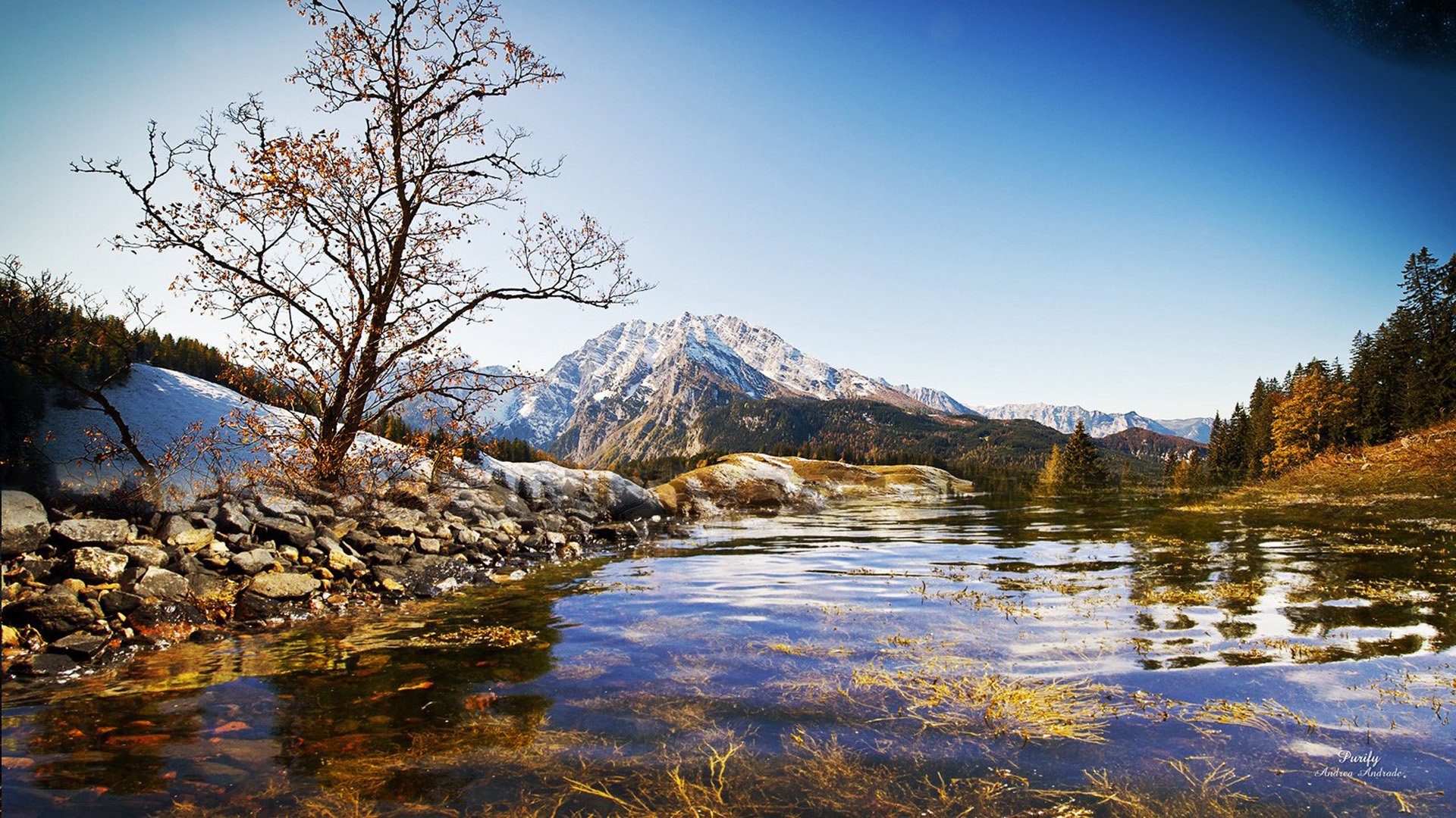 Landscape View Of Snow Capped Peak Mountain Under Blue Sky Autumn Trees Reflection On Lake 2K Nature