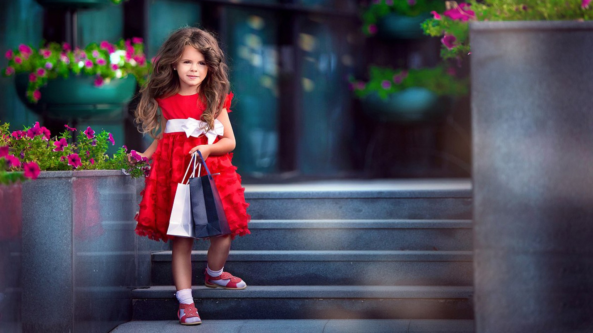 Cute Little Girl Is Wearing Dark Red Dress Standing On Steps In Pink Flowers Wallpaper 2K Cute