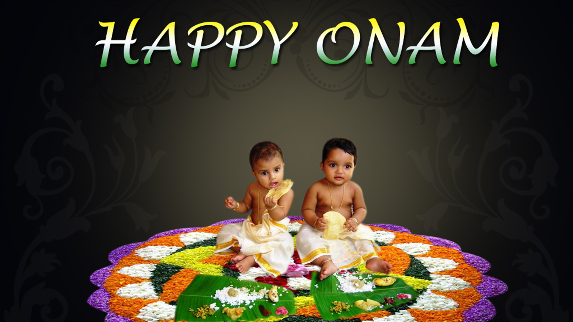 Babies On Onam Rangoli With Flowers 2K Onam