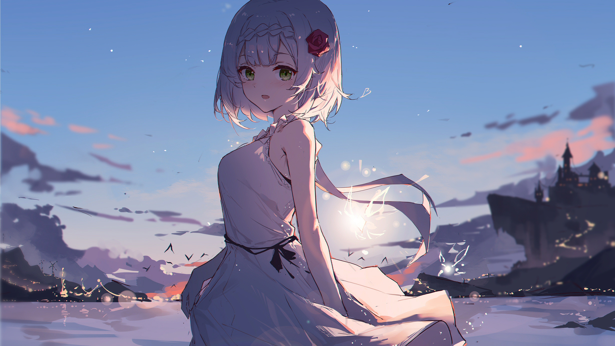 Short Hair Anime Girl With White Dress Standing In Blue Sky Wallpaper 2K Anime Girl