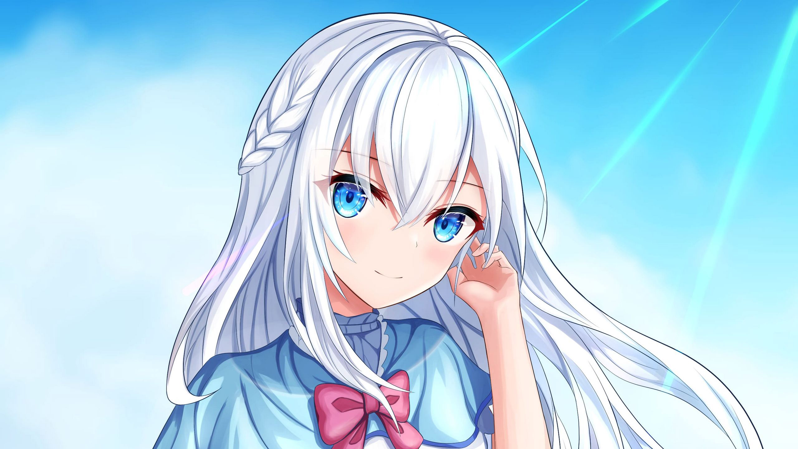 White Hair Blue Eyes Anime Girl Sky Wallpaper 2K Anime Girl