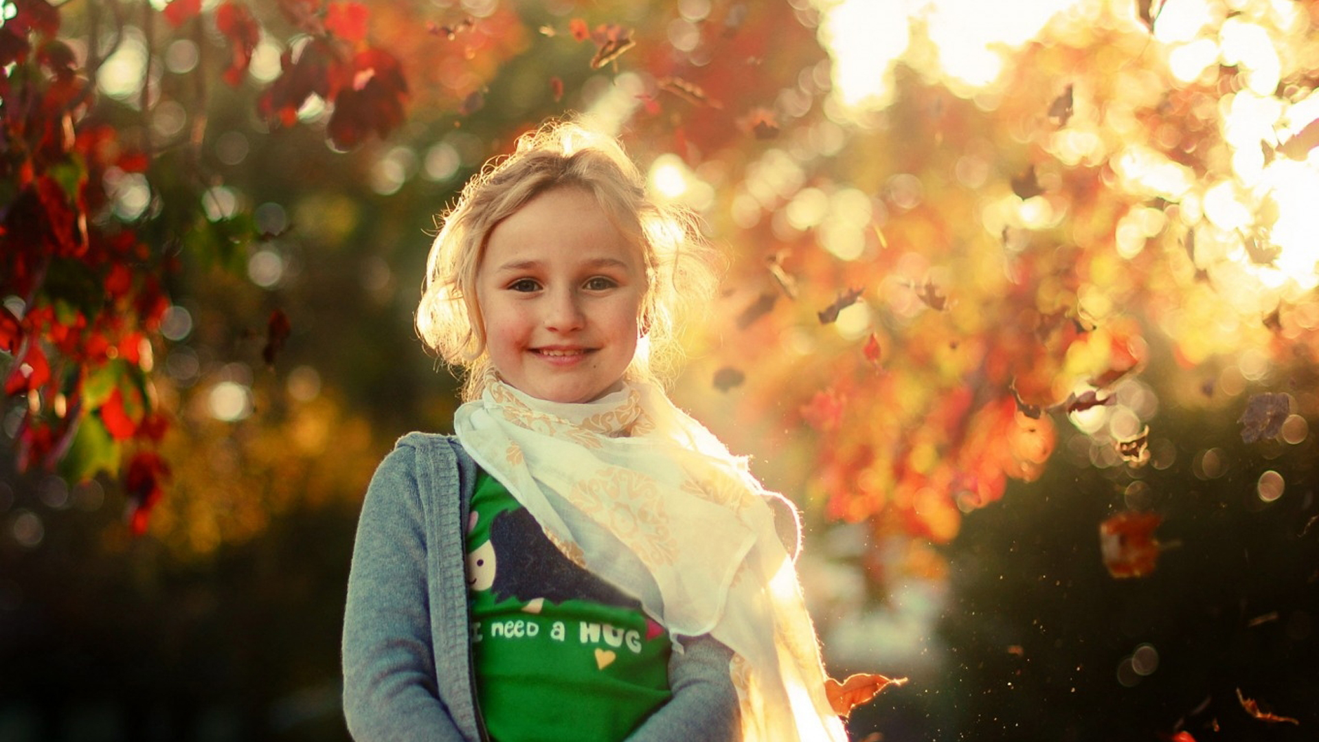 Smiley Cute Little Girl Is Wearing Green Blue Dress Standing In Blur Bokeh Sunrays Wallpaper 2K Cute