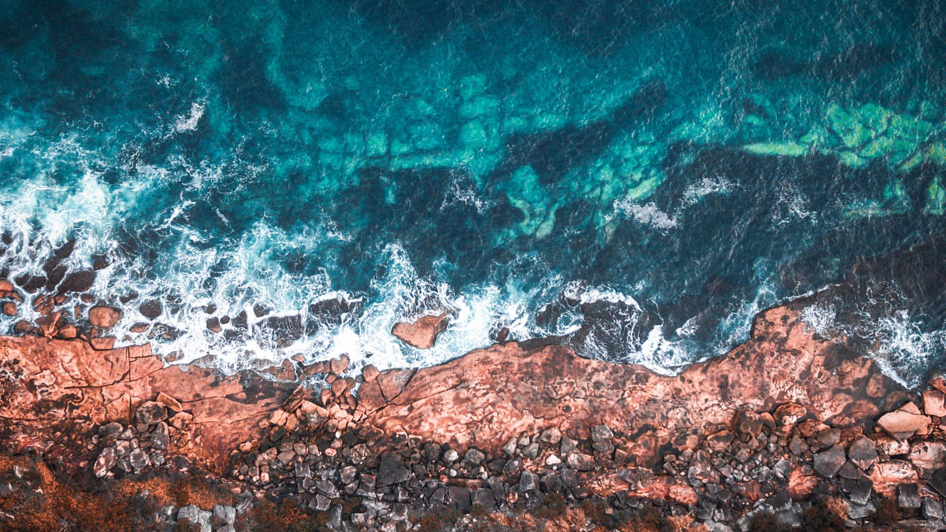 Aerial View Of Ocean Shore Rocks Stones Blue Waves 2K Ocean