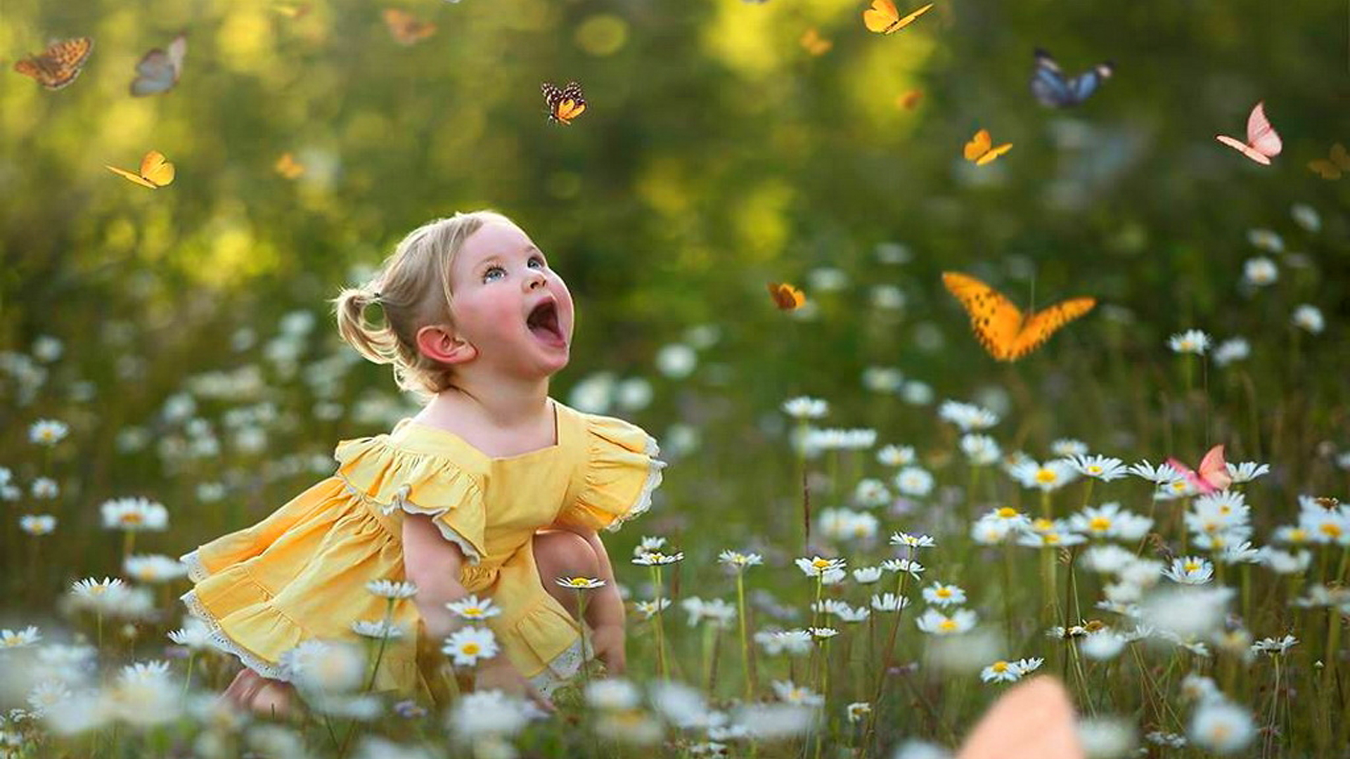 Cute Little Girl Is Seeing Butterflies With Bliss Wearing Yellow Dress 2K Cute